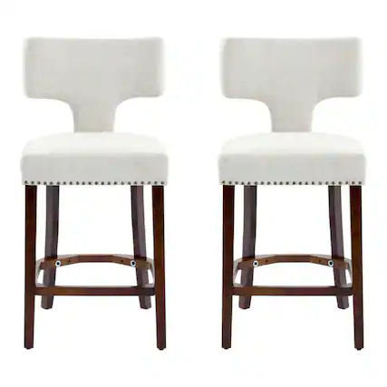 Front. SlickBlue - Set of 2 Kitchen Bar Stools – Mid Century Modern Linen Upholstered Chairs with Hardwood Frame - Beige.