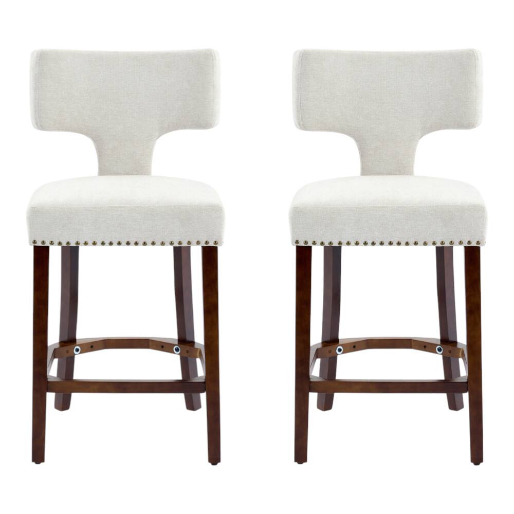 Front. SlickBlue - Set of 2 Kitchen Bar Stools – Mid Century Modern Linen Upholstered Chairs with Hardwood Frame - Beige.