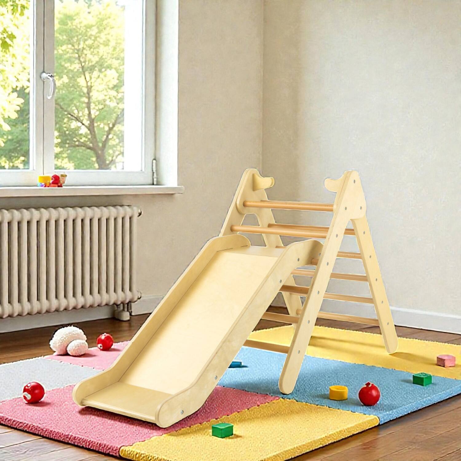 BreeBe - Wooden Toddler Climbing Triangle with Multi-Position Slide - Natural price history on PriceWatchPro