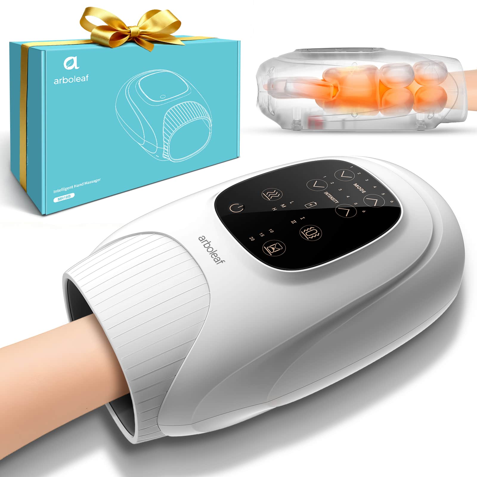 Arboleaf - Hand Massager with Heat & Compression, 6 Modes, 3 Heat Levels, Cordless Hand Massager for Finger, Wrist & Palm - White