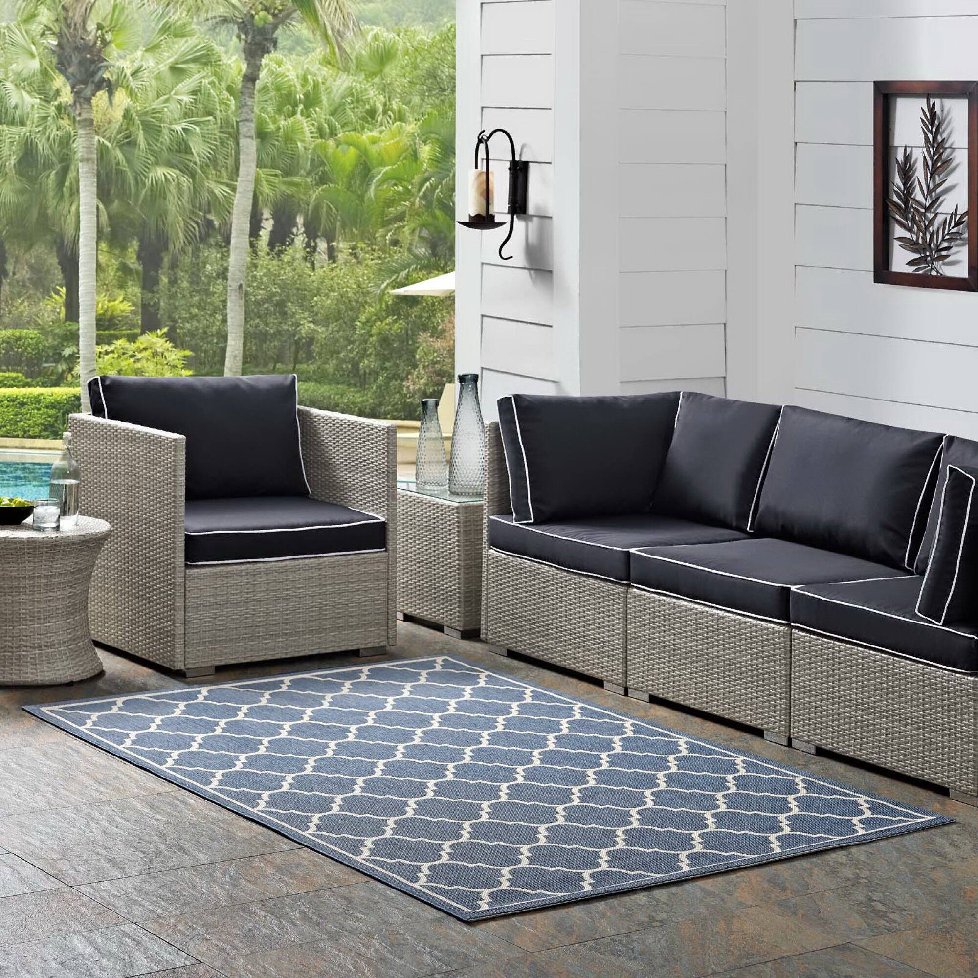 Front. Modway - Avena Moroccan Quatrefoil Trellis Indoor and Outdoor Area Rug - Blue and Beige.