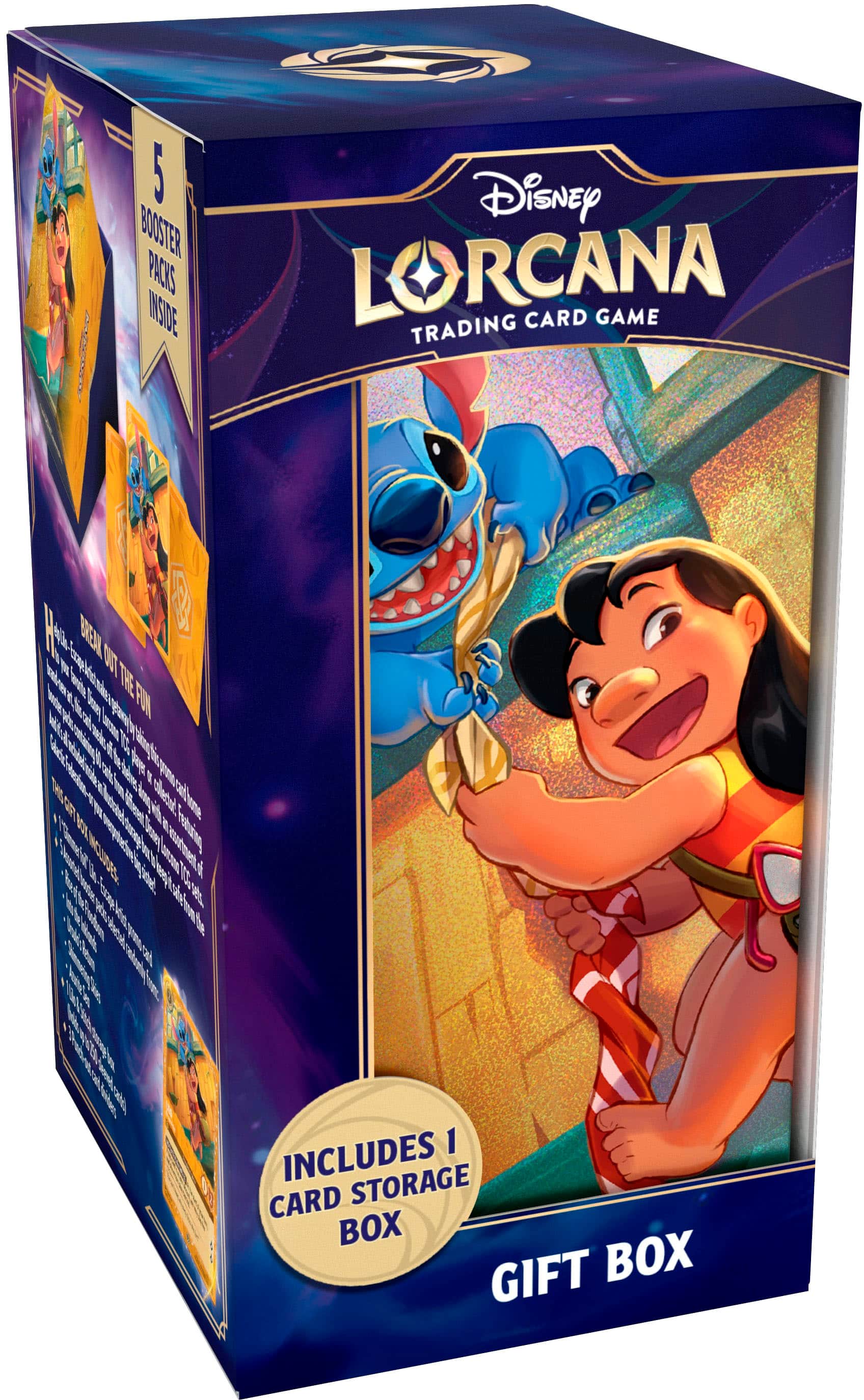 The text on the image reads: "Disney LORCANA TRADING CARD GAME HUGE BOOSTER PACKS MSDE w/ TRE BENL we N OIT wih" TRE bae FON w. ana SL dh e hie RGR oi I m ollecel! . 1A Tedufng -dwut MCUE aua 05 d R dataditen L 1 INCLUDES STORAGE CARD BOX GIFT BOX."