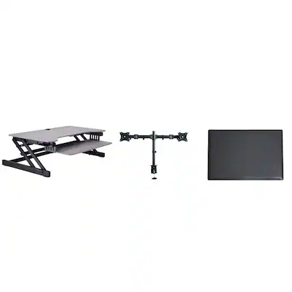 Front. Rocelco - Deluxe Height Adjustable Standing Desk Converter with Dual Monitor Mount and Anti Fatigue Mat BUNDLE, Keyboard Tray - Grey.