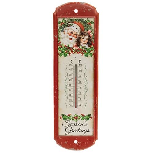 BreeBe - Vintage Santa & Child Distressed Metal Thermometer - Red