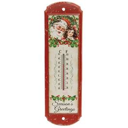 BreeBe - Vintage Santa & Child Distressed Metal Thermometer - Red