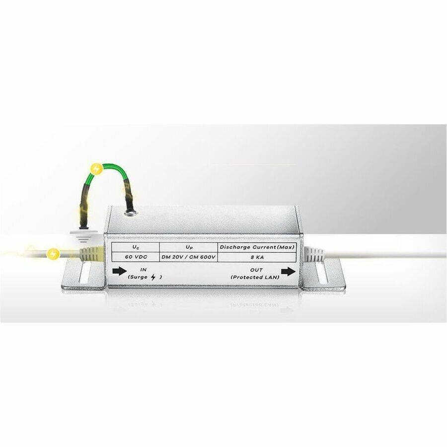Ue: 60 VDC  
Up: DM 20V / CM 600V  
Discharge Current (Max): 8 KA  
IN (Surge)  
OUT (Protected LAN)