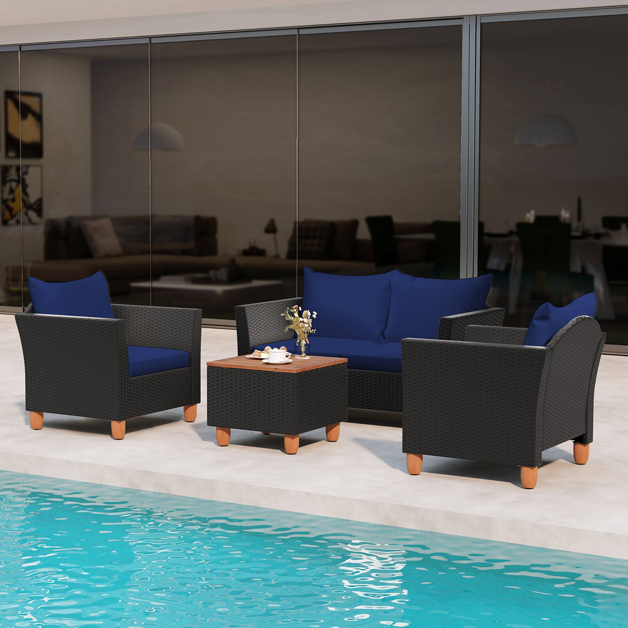 Alt View 1. Gymax - Gymax 8 PCS Wicker Patio Furniture Set w/ Removable Cushions Storage Coffee Table Navy - Navy.