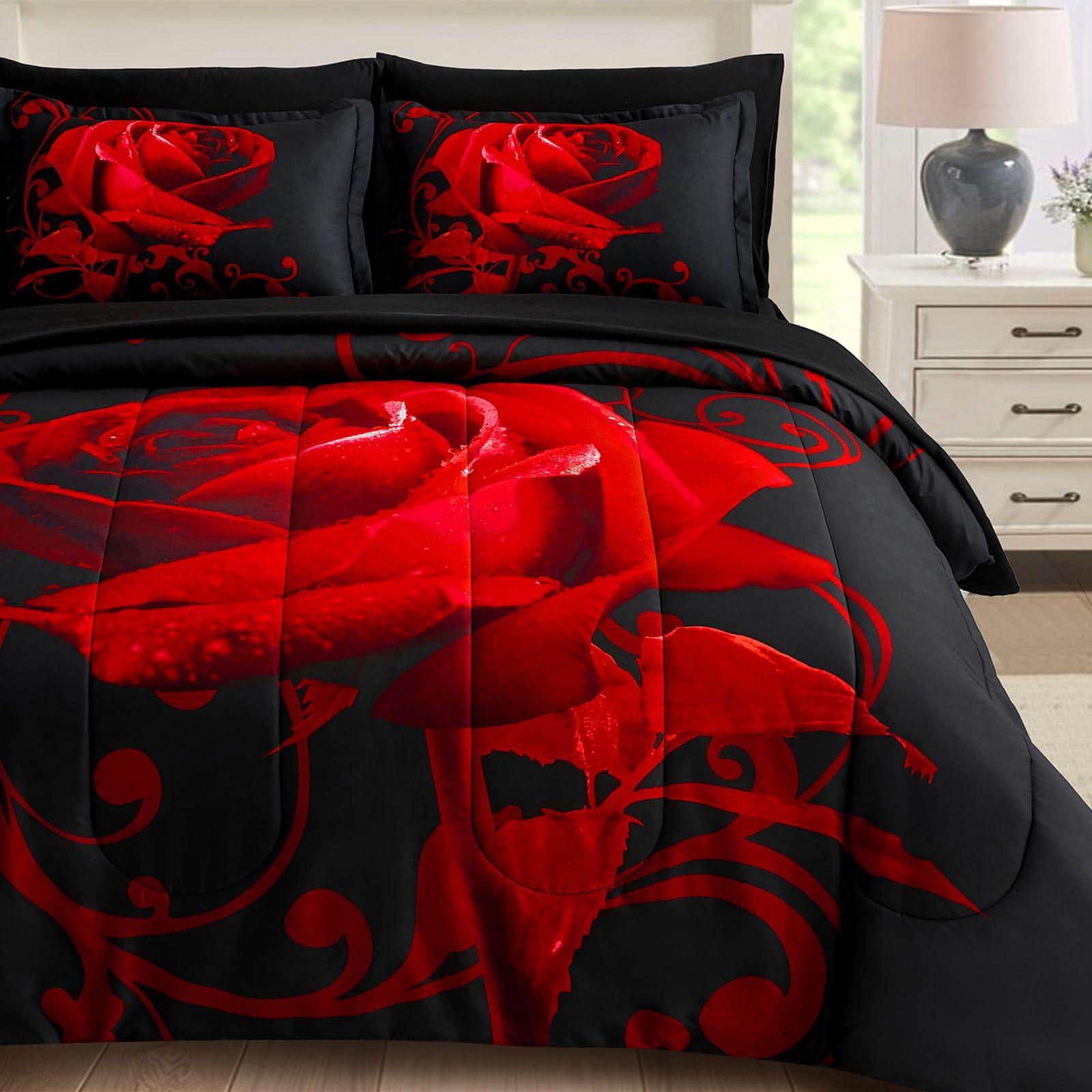 PARKER SLATER - Purple Comforter Set Queen Reversible Rose 7 Pieces Bed In A Bag Lightweight Soft Microfiber Sets With Flat Sheet - Red-Queen