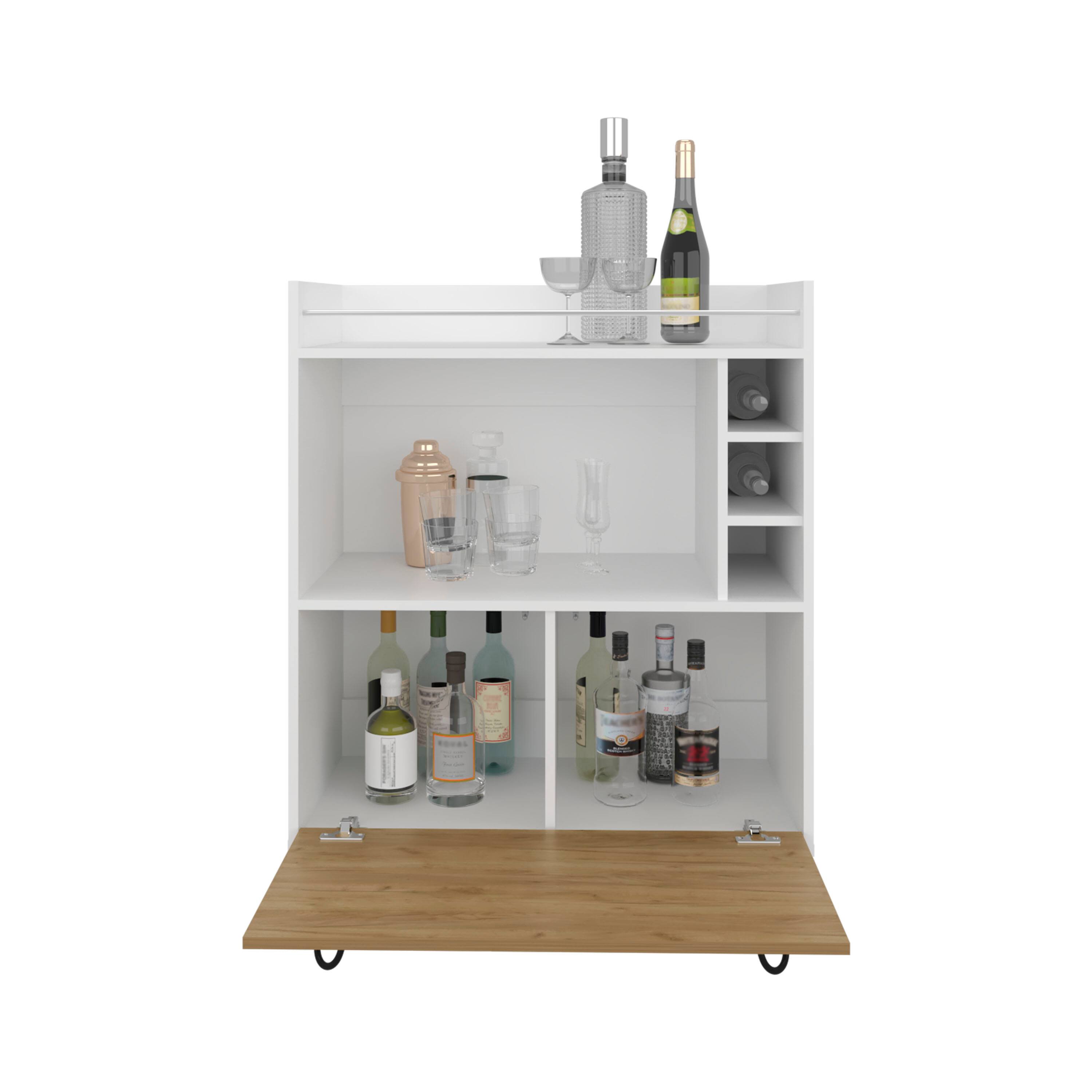 Alt View 2. TuHome - Tori Tall One-Door Bar Cabinet with Three Cubbies, Three Shelves, Top Prep Surface with Rail For Living Room - White - Natural Oak.