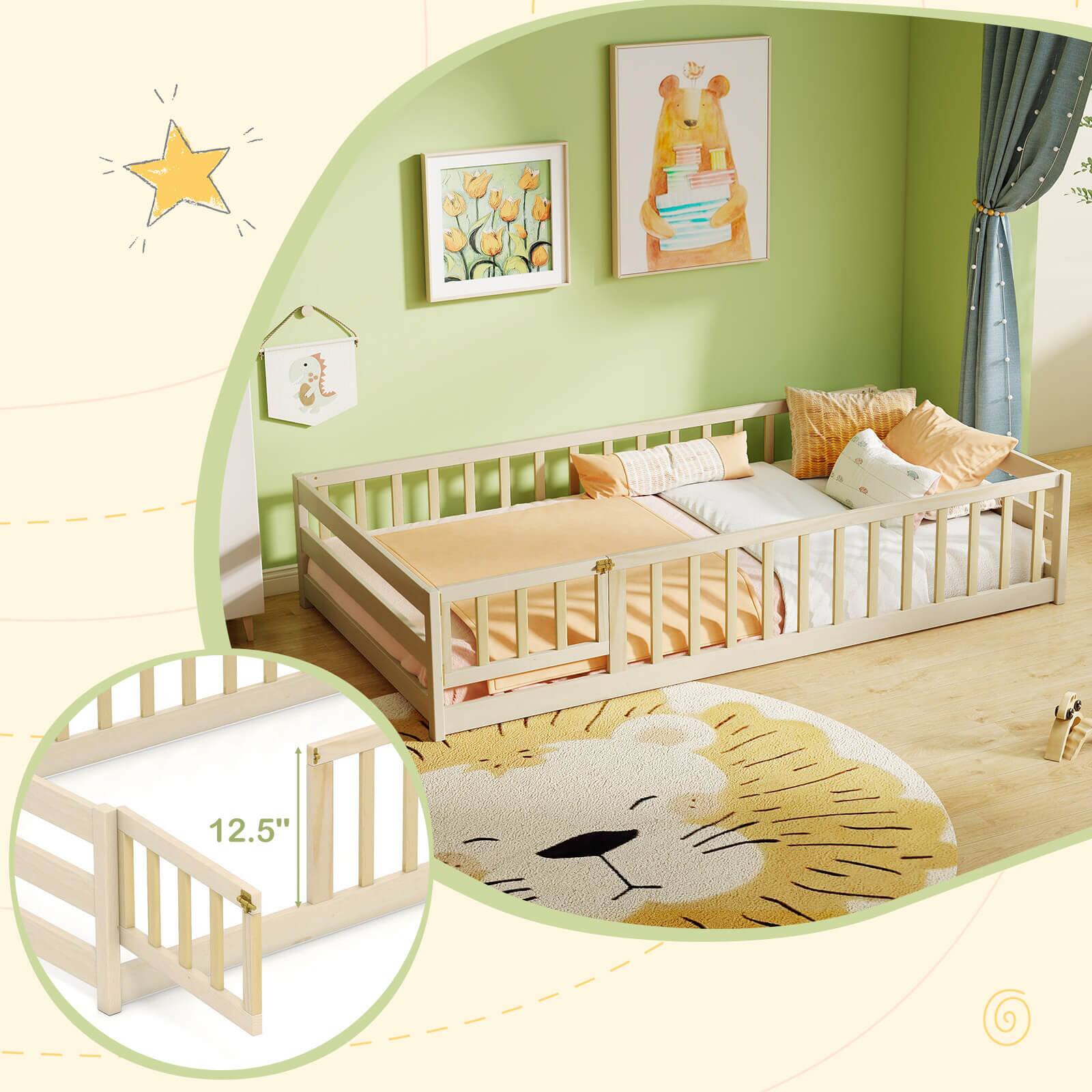 Alt View 9. Costway - Costway Twin Size Floor Bed with Door & Fence with Safety Guardrails & Slats Support - Beige.