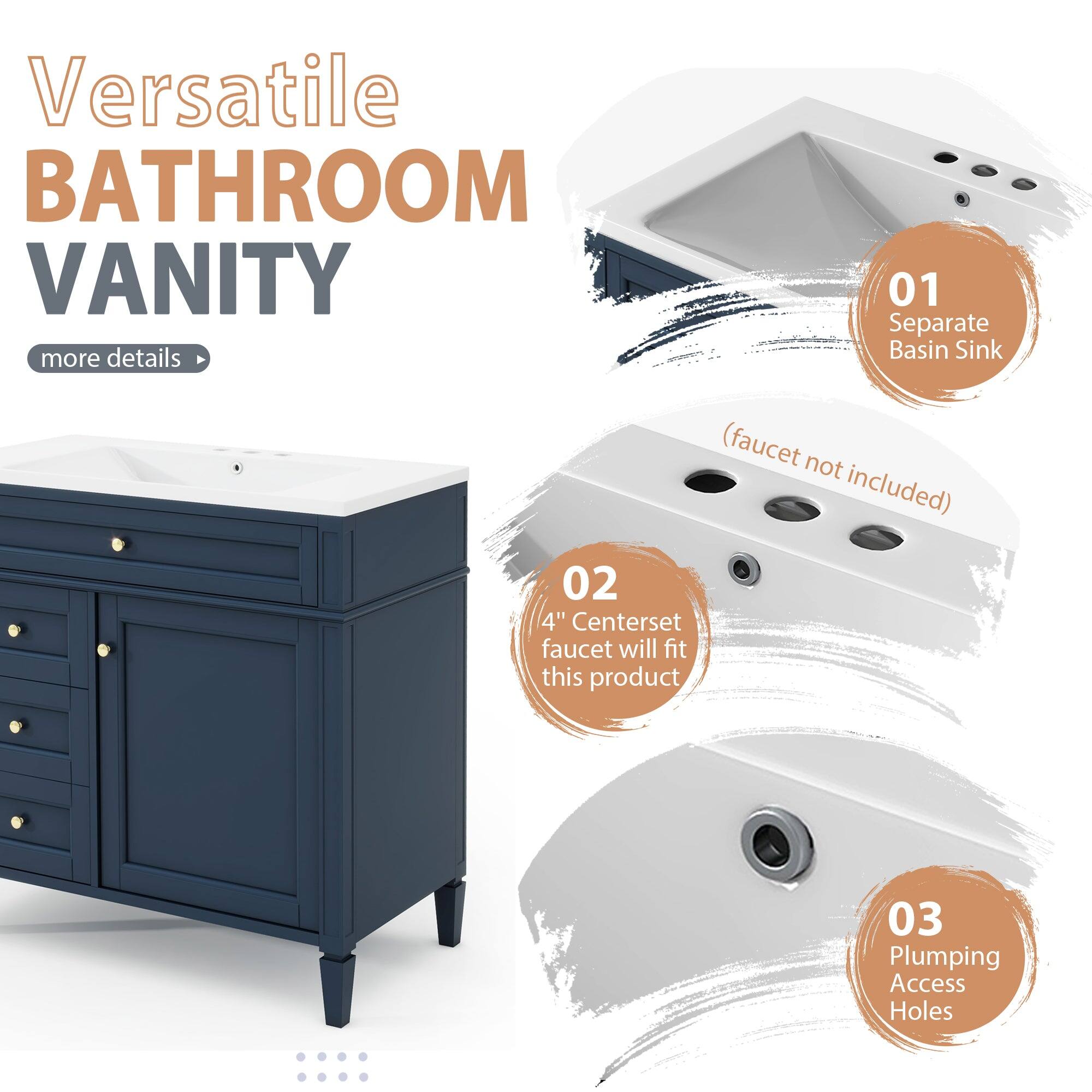 Versatile BATHROOM VANITY  
more details  

01 Separate Basin Sink (faucet not included)  
02 4" Centerset faucet will fit this product  
03 Plumbing Access Holes
