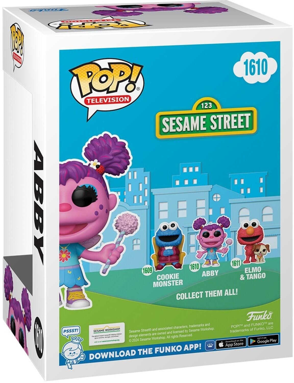 POP! TELEVISION, 123 SESAME STREET, 1610, 1609 COOKIE MONSTER, 1610 ABBY, 1611 ELMO & TANGO, COLLECT THEM ALL!, Funko, FUNKO, PSSST!, Sesame Workshop, Sesame Street, 2024, DOWNLOAD THE FUNKO APP!, App Store, Google Play, trademarks, licensed, owned, associated, characters, rights, reserved, elements, design