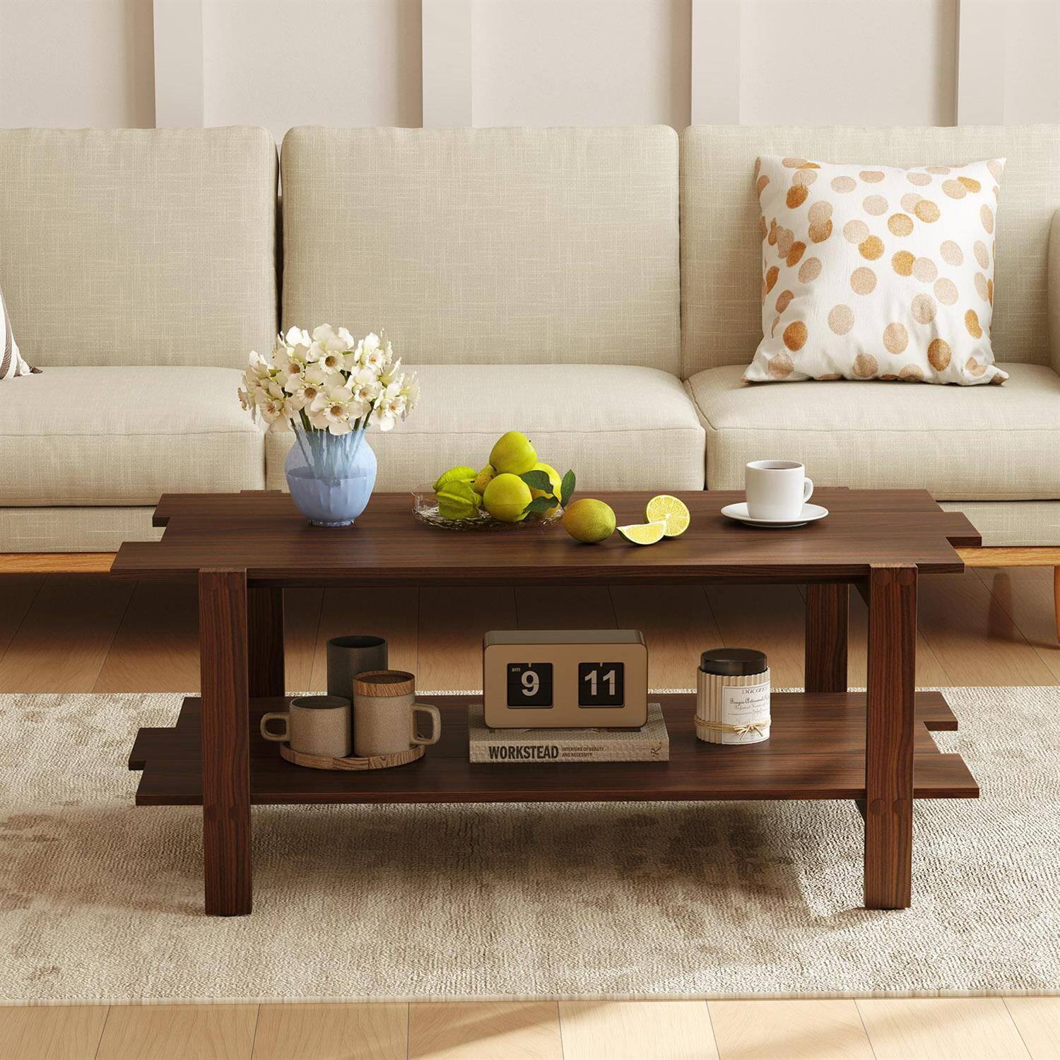 Back. Pefilos - 2-Tier Coffee Table, Slatted Wood Tabletop, Open Storage Shelf, Crossbar Reinforced Frame, Walnut - Brown.