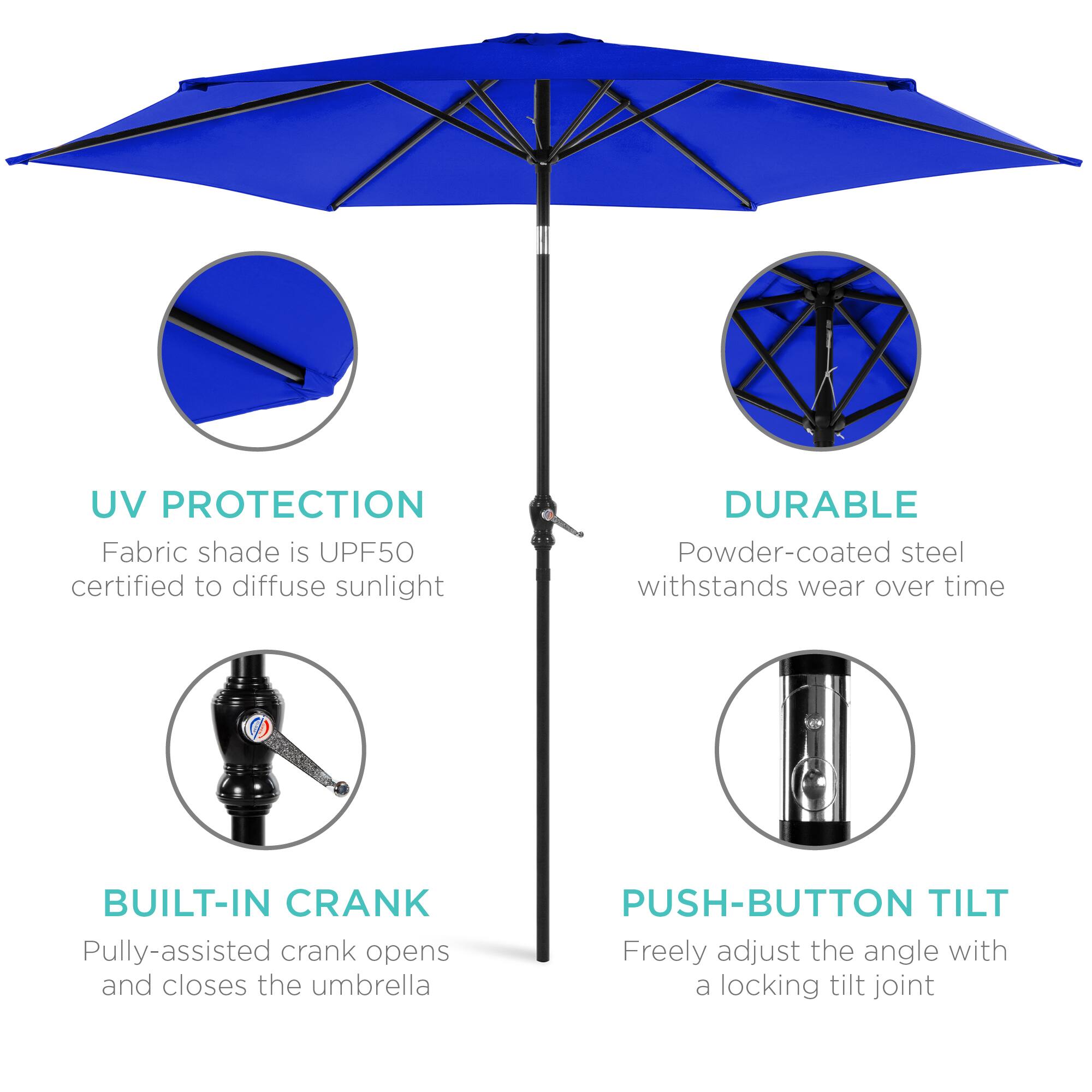 - **UV PROTECTION**  
  Fabric shade is UPF50 certified to diffuse sunlight

- **DURABLE**  
  Powder-coated steel withstands wear over time

- **BUILT-IN CRANK**  
  Pulley-assisted crank opens and closes the umbrella

- **PUSH-BUTTON TILT**  
  Freely adjust the angle with a locking tilt joint