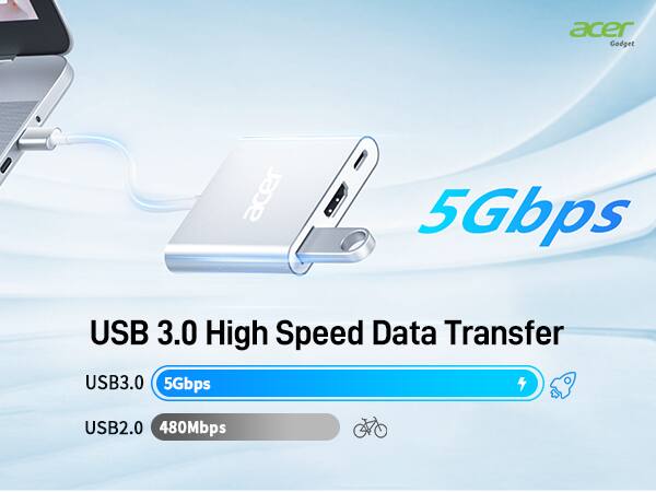 Acer Gadget: Acer 5Gbps USB 3.0 High Speed Data Transfer. USB 3.0: 5Gbps, USB 2.0: 480Mbps.