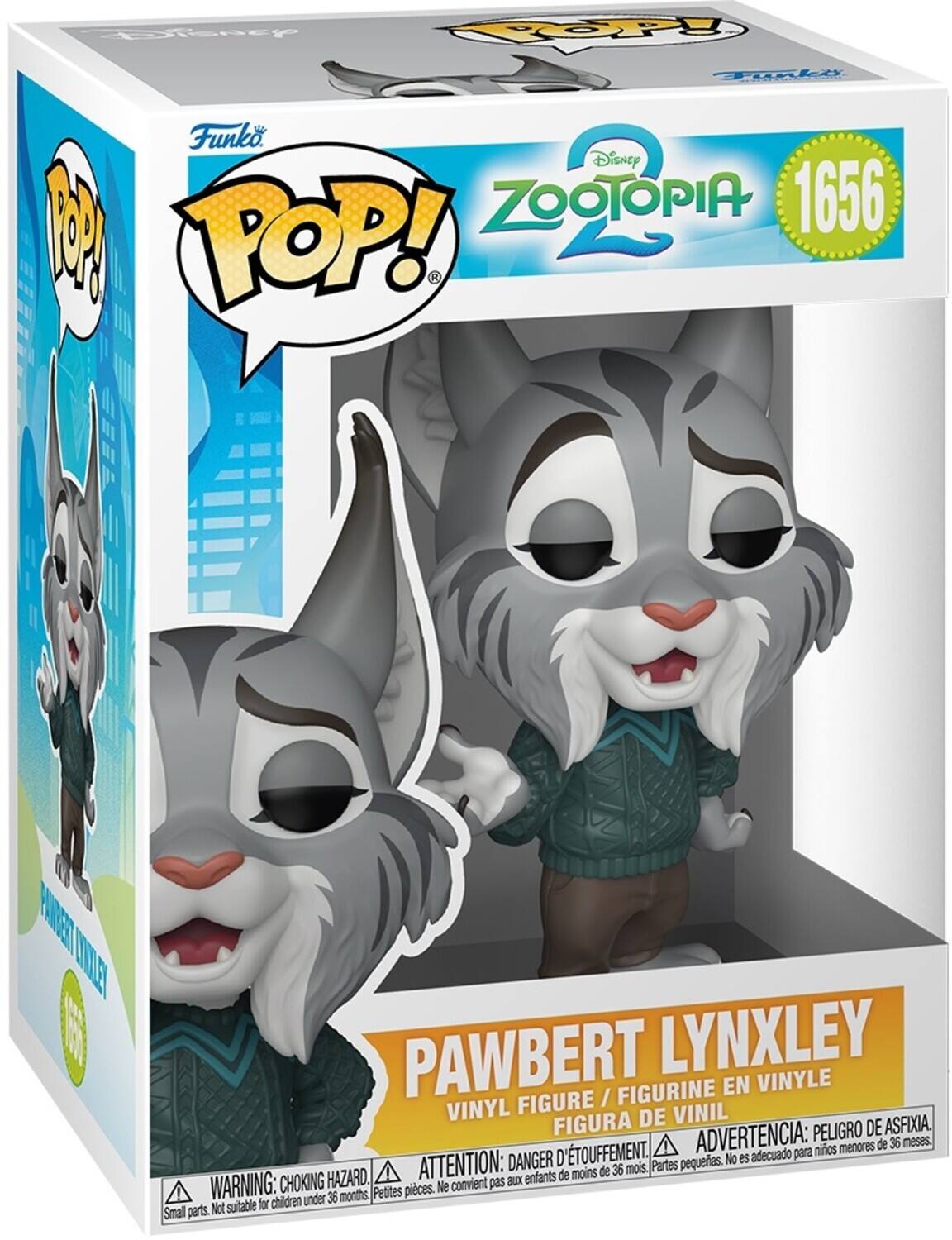 Sure, here is the corrected and grouped text from the image:

---

**Funko POP!**

**Disney Zootopia**

**1656**

**PAWBERT LYNXLEY**

**VINYL FIGURE / FIGURINE EN VINYLE / FIGURA DE VINIL**

**WARNING: CHOKING HAZARD. Small parts. Not suitable for children under 36 months.**

**ADVERTENCIA: PELIGRO DE ASFIXIA. Piezas pequeñas. No es adecuado para niños menores de 36 meses.**

**ATTENTION: DANGER D'ÉTOUFFEMENT. Petites pièces. Ne convient pas aux enfants de moins de 36 mois.**

---

This text is from the packaging of a Funko POP! vinyl figure from Disney's Zootopia, featuring Pawbert Lynxley.