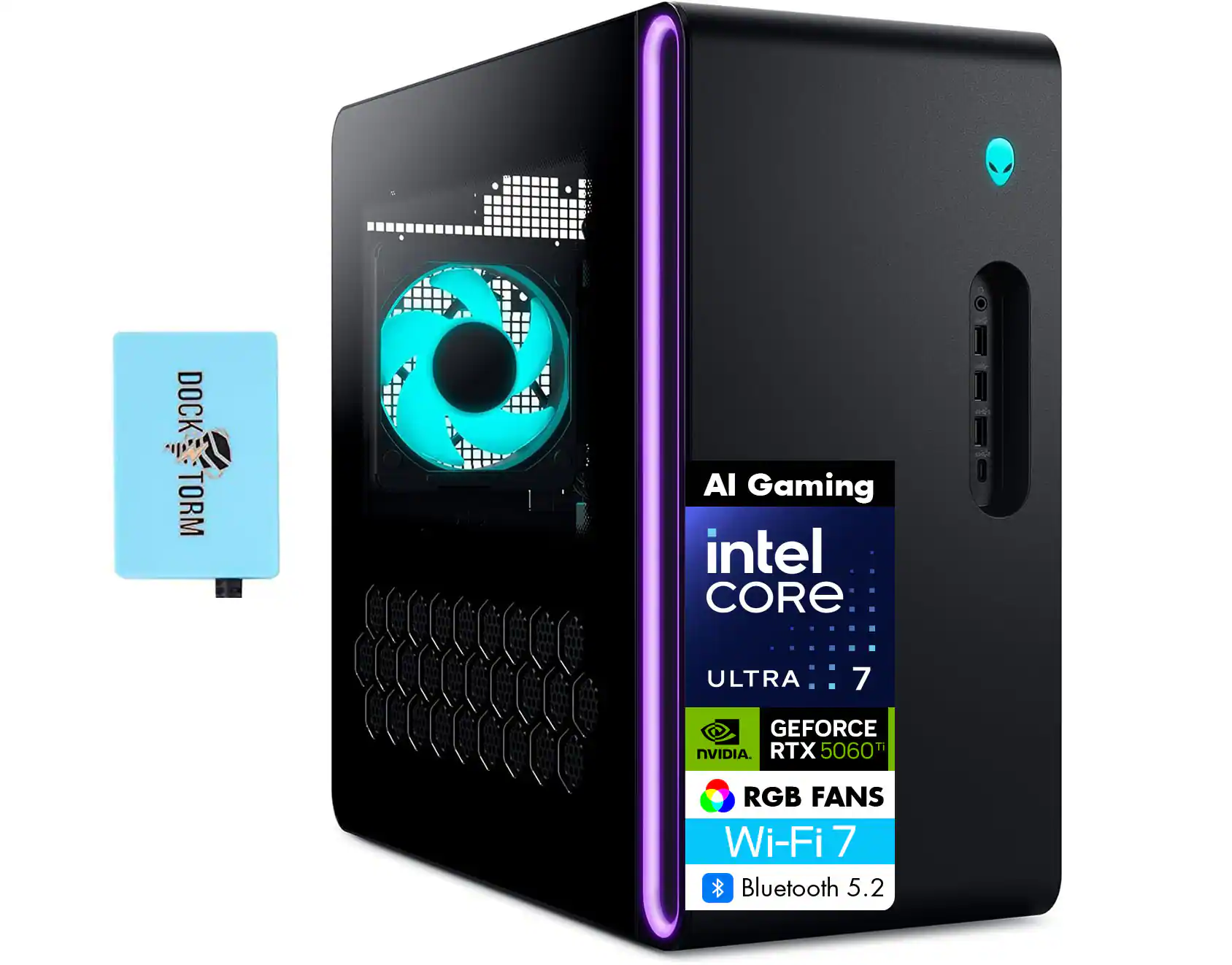 DOCK TORM O Al Gaming intel CORE ULTRA 7 GEFORCE RTX 5060 Ti NVIDIA RGB FANS Wi-Fi 7 Bluetooth 5.2