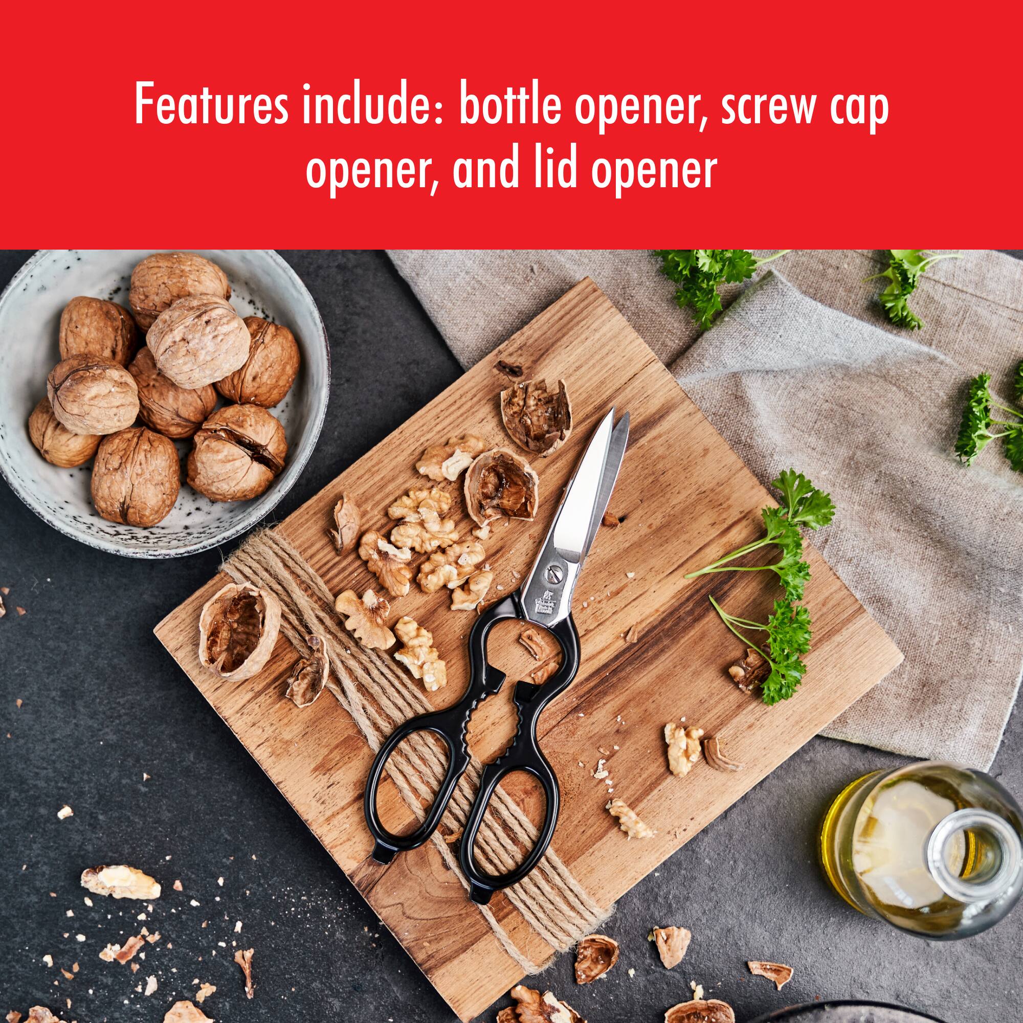 Features include: bottle opener, screw cap opener, and lid opener