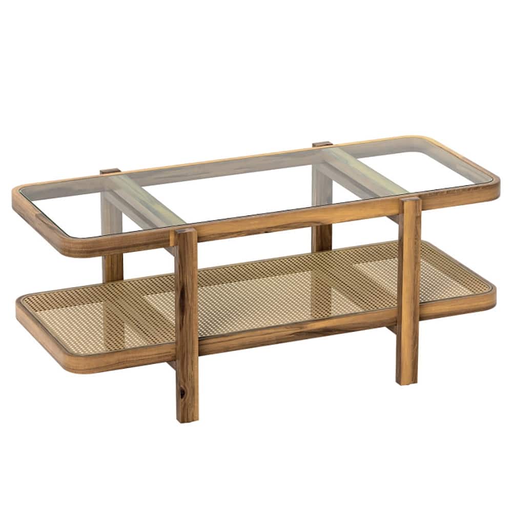 Pefilos - 2-Tier Coffee Table with Built-In Storage and Tempered Glass Tabletop, Coffee Table for Indoor as Home - Brown