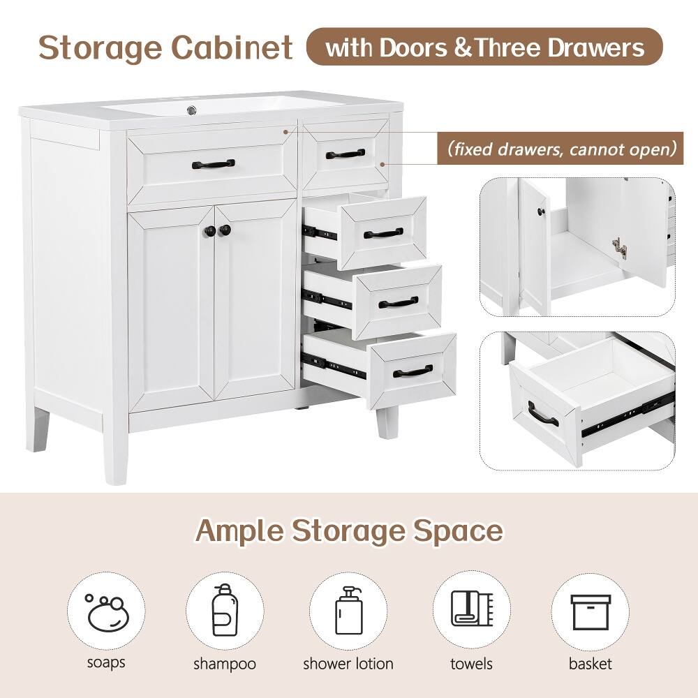 Storage Cabinet with Doors & Three Drawers  
(fixed drawers, cannot open)  
Ample Storage Space  
soaps  
shampoo  
shower lotion  
towels  
basket