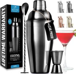 Zulay Kitchen - Large 24 oz Stainless Steel Cocktail Shaker Set - Mixed Drink Shaker - Black