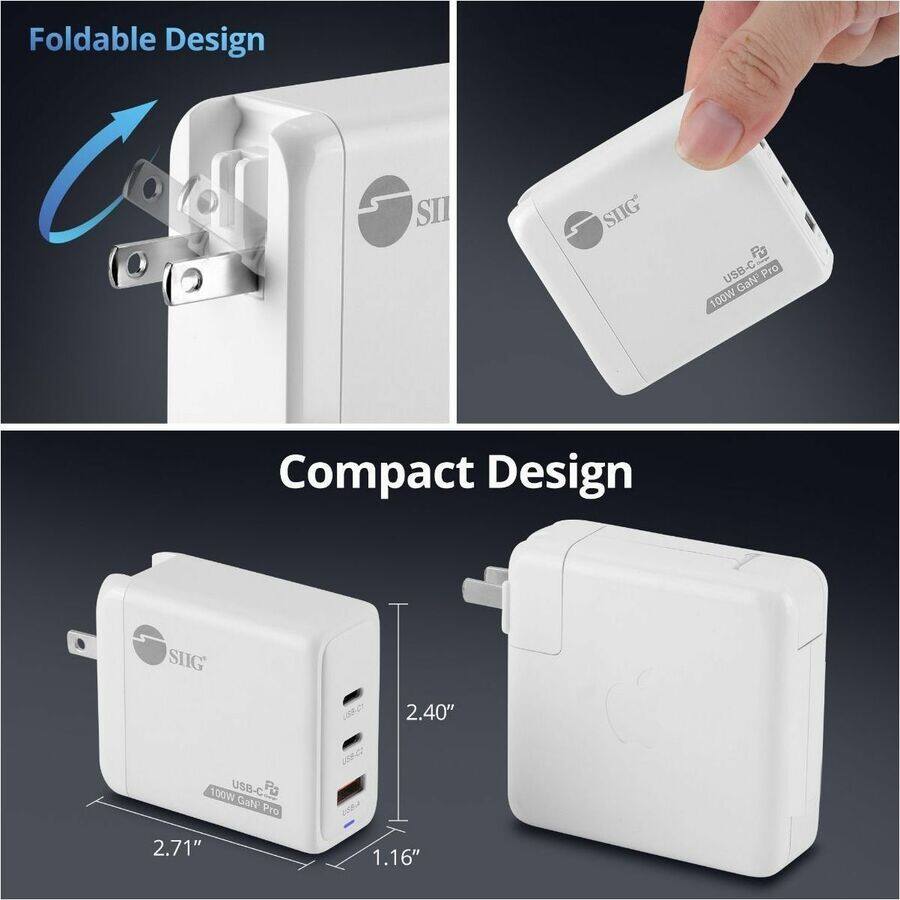 Foldable Design

Compact Design

USB-C GaN Pro 100W

2.40" x 2.71" x 1.16"