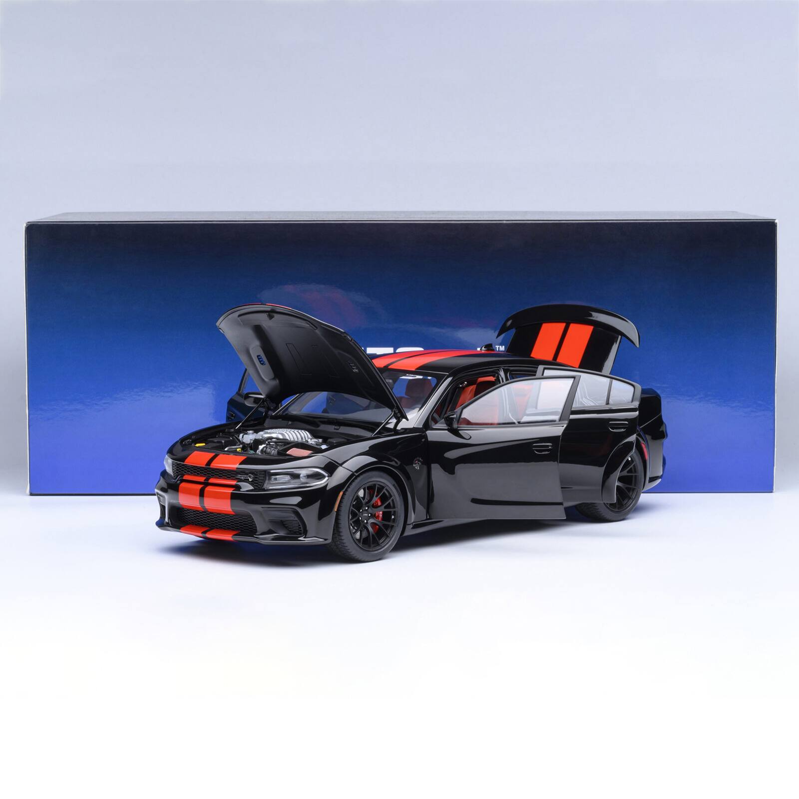 Alt View 9. Autoart - Dodge Charger SRT Hellcat Redeye Pitch Black with Red Stripes and Interior 1/18 Model Car by Autoart.
