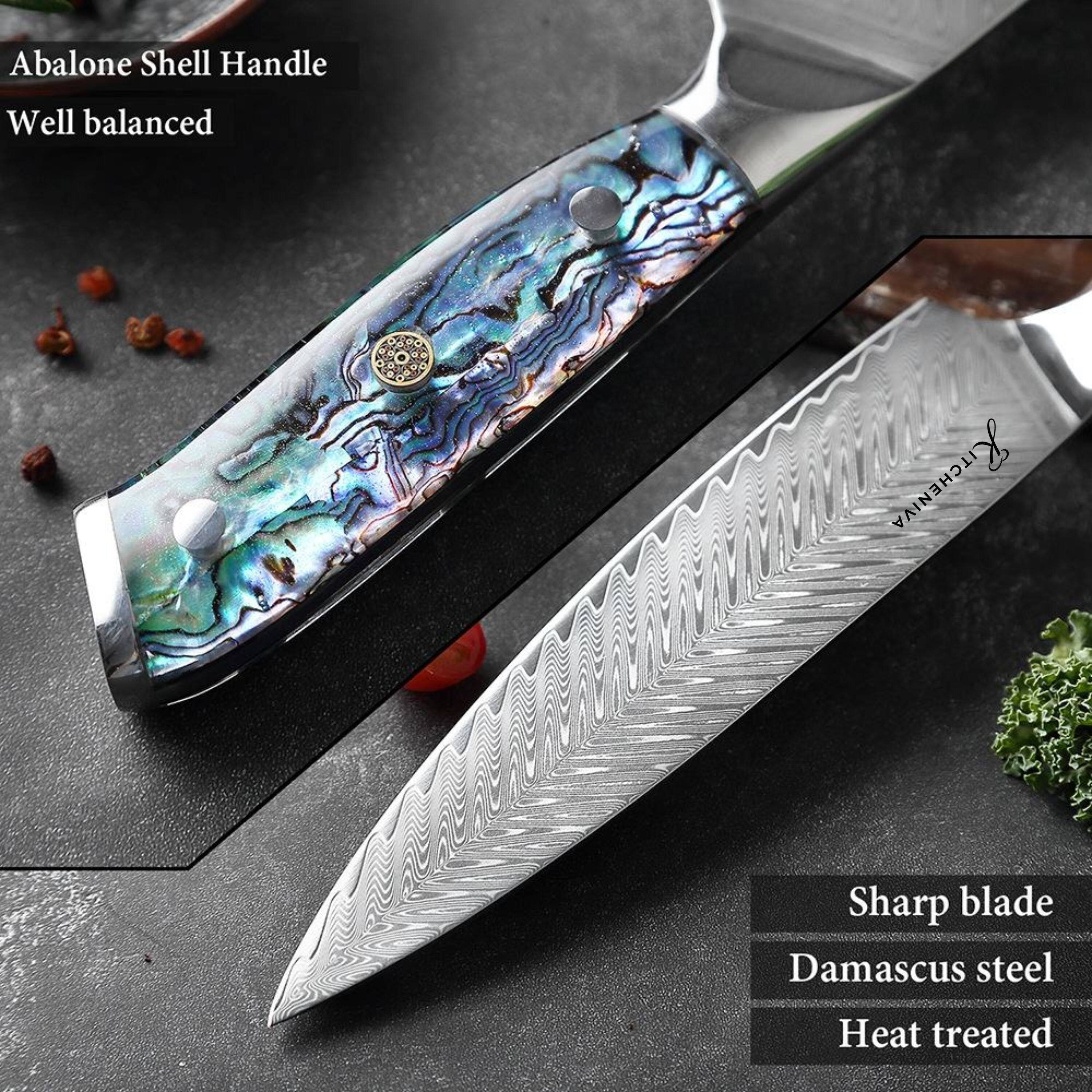 Abalone Shell Handle  
Well balanced  

Sharp blade  
Damascus steel  
Heat treated