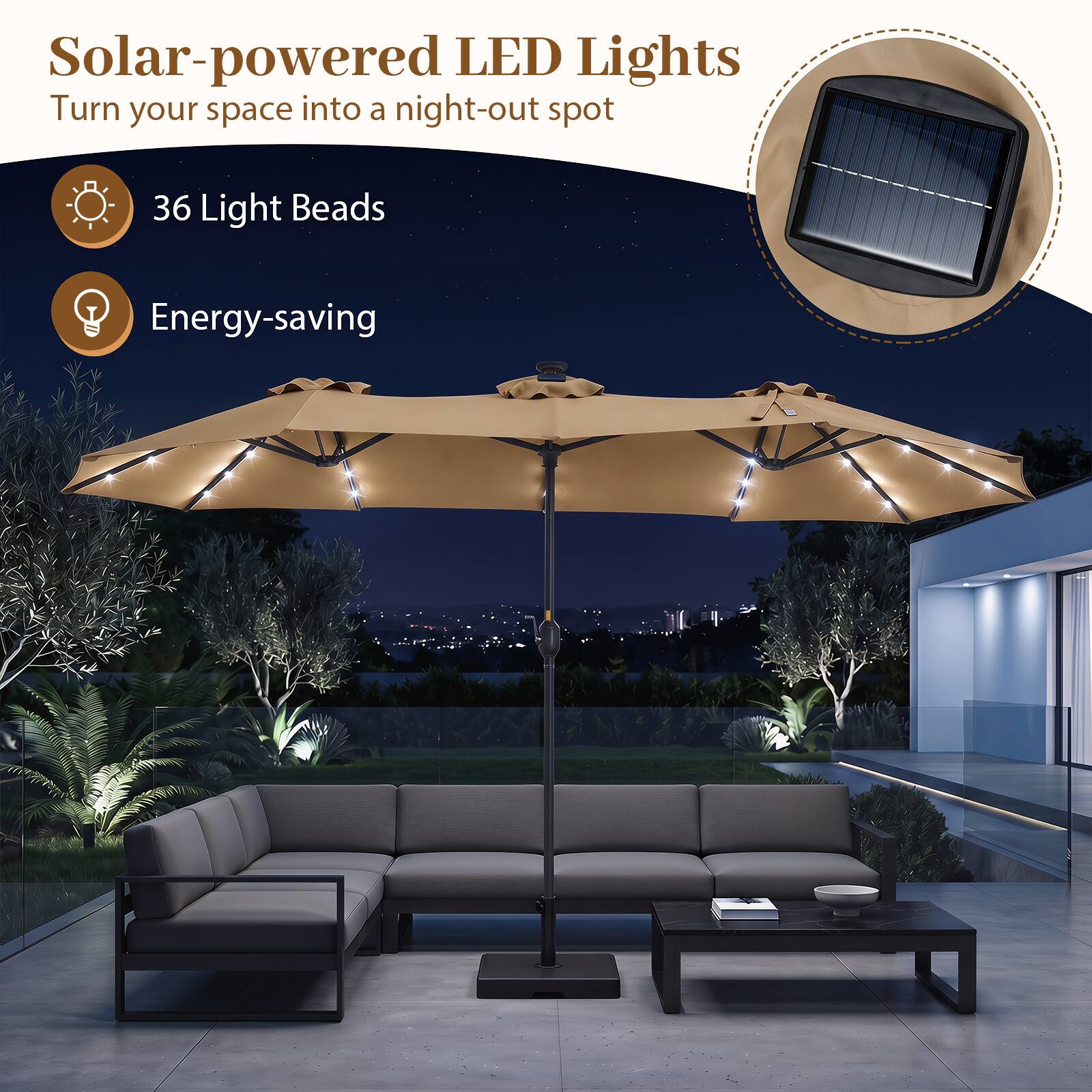 Solar-powered LED Lights  
Turn your space into a night-out spot  

36 Light Beads  
Energy-saving