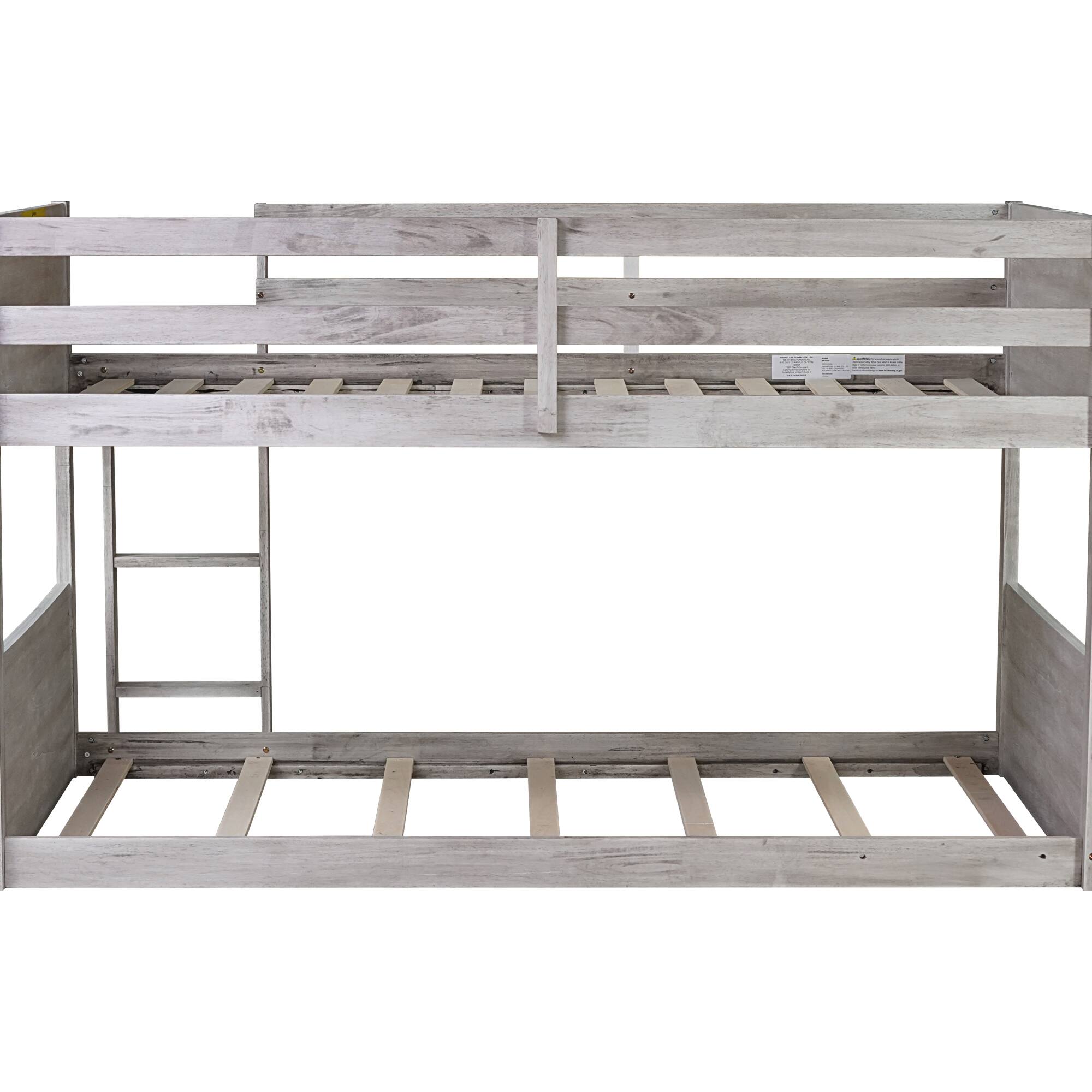 Alt View 2. GOODSILO - Solid Wood Twin Over Twin Floor Bunk Bed with Panelled Headboard and Footboard, Built-in Ladder and Safety Guardrails - Antique White.