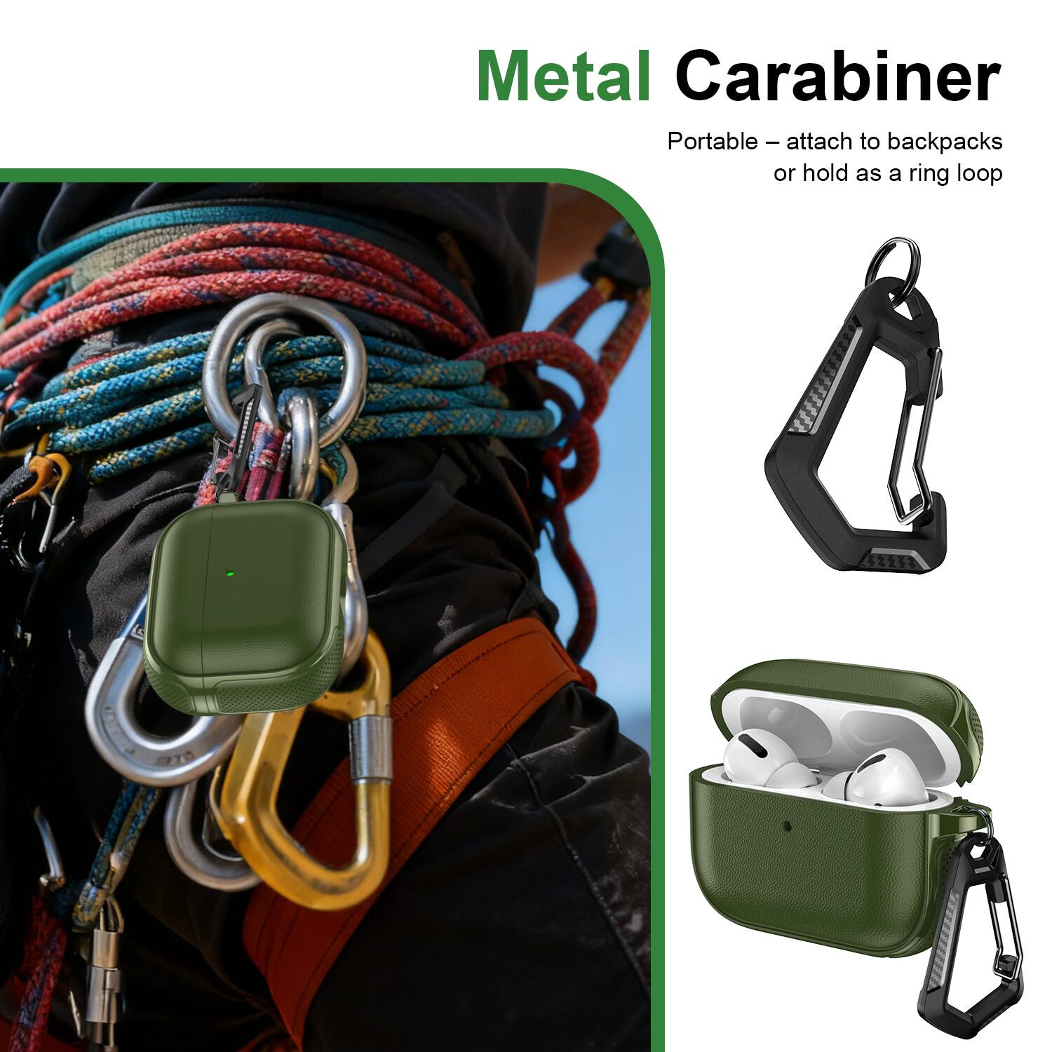 Metal Carabiner  
Portable – attach to backpacks or hold as a ring loop