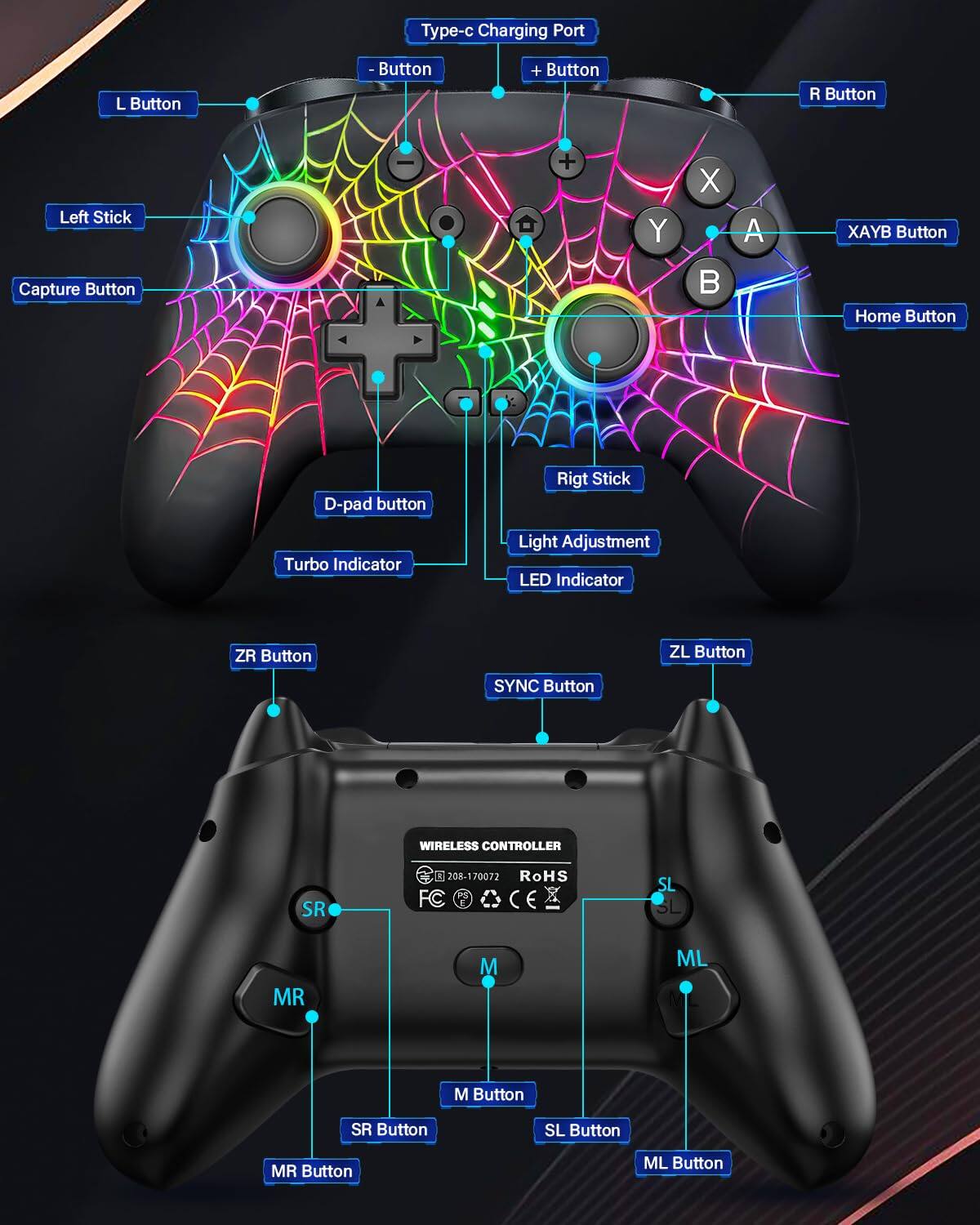 - Type-C Charging Port
- L Button
- Left Stick
- Capture Button
- D-pad Button
- Turbo Indicator
- ZR Button
- SYNC Button
- WIRELESS CONTROLLER
- SR 208-170072
- RoHS
- M Button
- MR Button
- SL Button
- ML Button
- SL Button
- ML Button
- - Button
- + Button
- R Button
- XAYB Button
- Home Button
- Right Stick
- Light Adjustment
- LED Indicator
- ZL Button