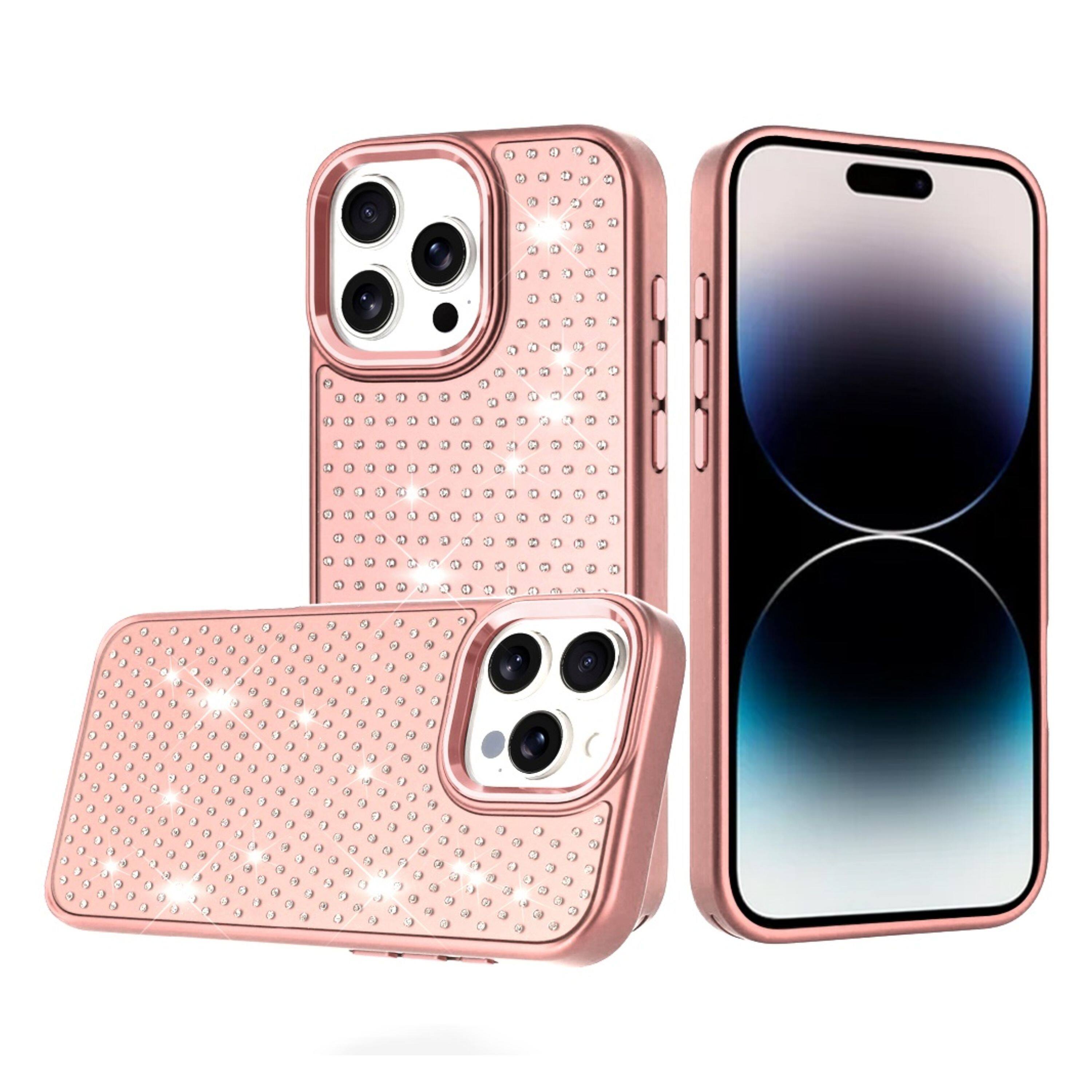 Angle. Kitcheniva - Rhinestone Faux Crystals Chrome Plated Phone Case For iPhone 14 Pro Max Rose Gold - Rose Gold.