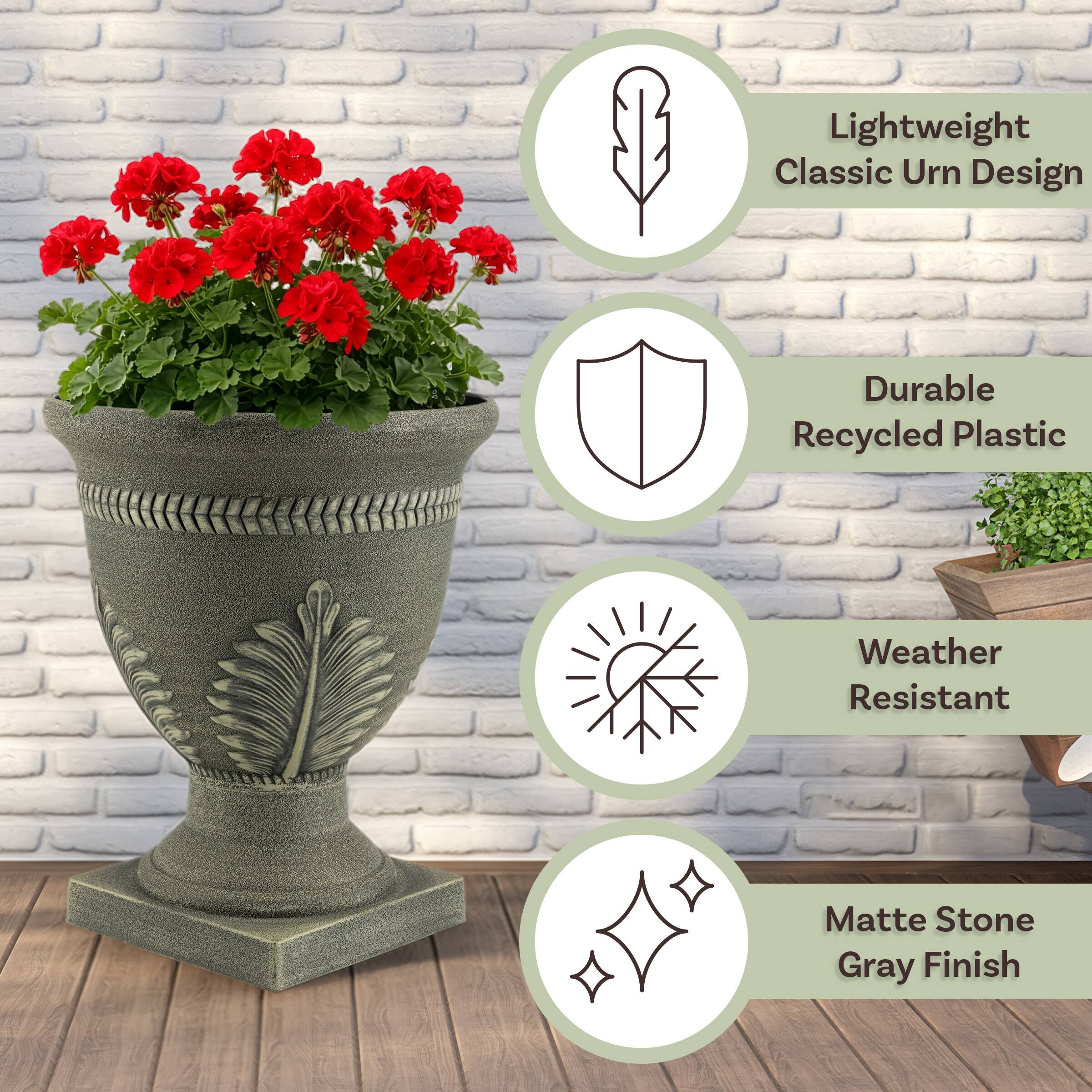 Lightweight Classic Urn Design  
Durable Recycled Plastic  
Weather Resistant  
Matte Stone Gray Finish