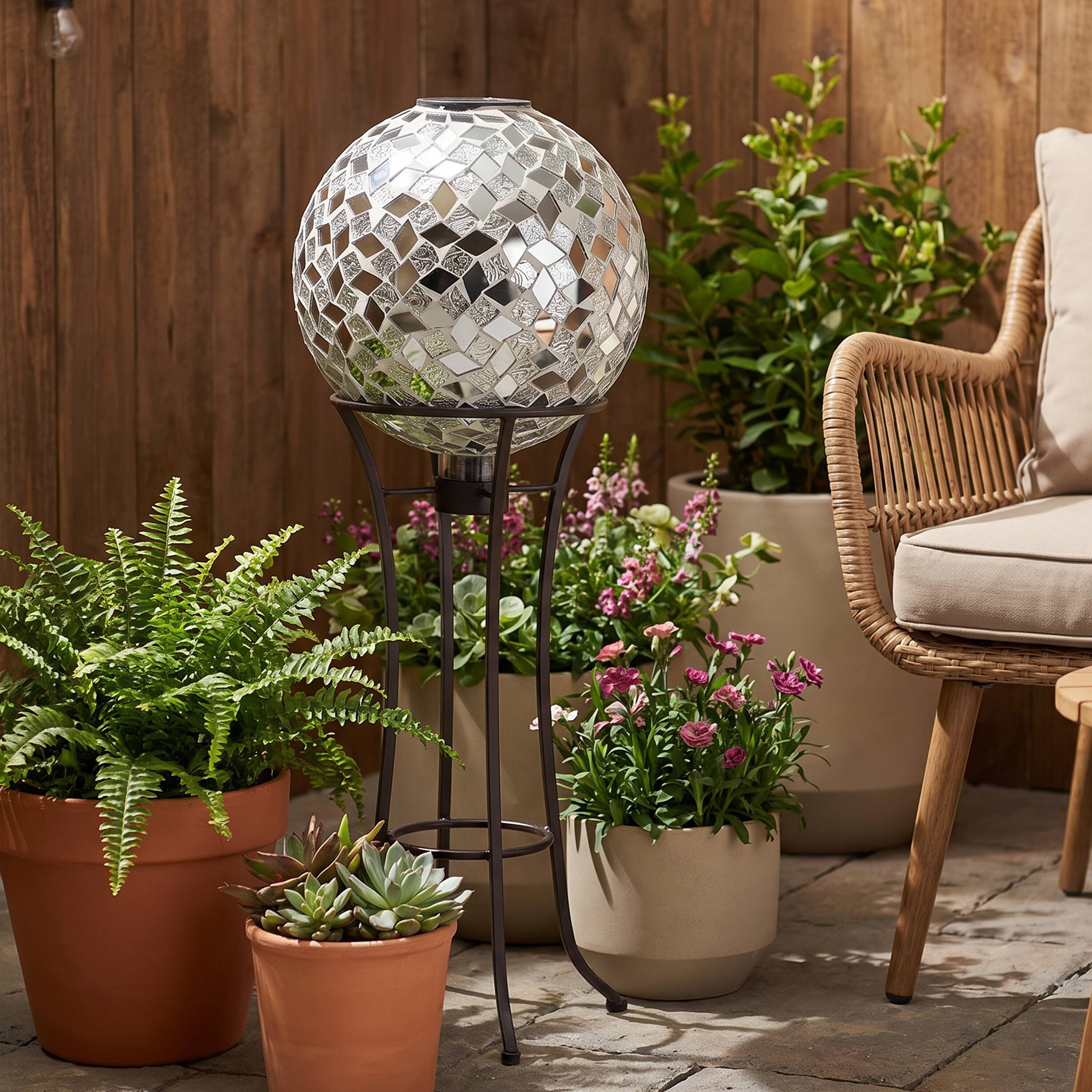 Alt View 8. Sunnydaze - Mosaic Gazing Ball with Solar Light - 10 in - 2pk - Mirrored Diamond.