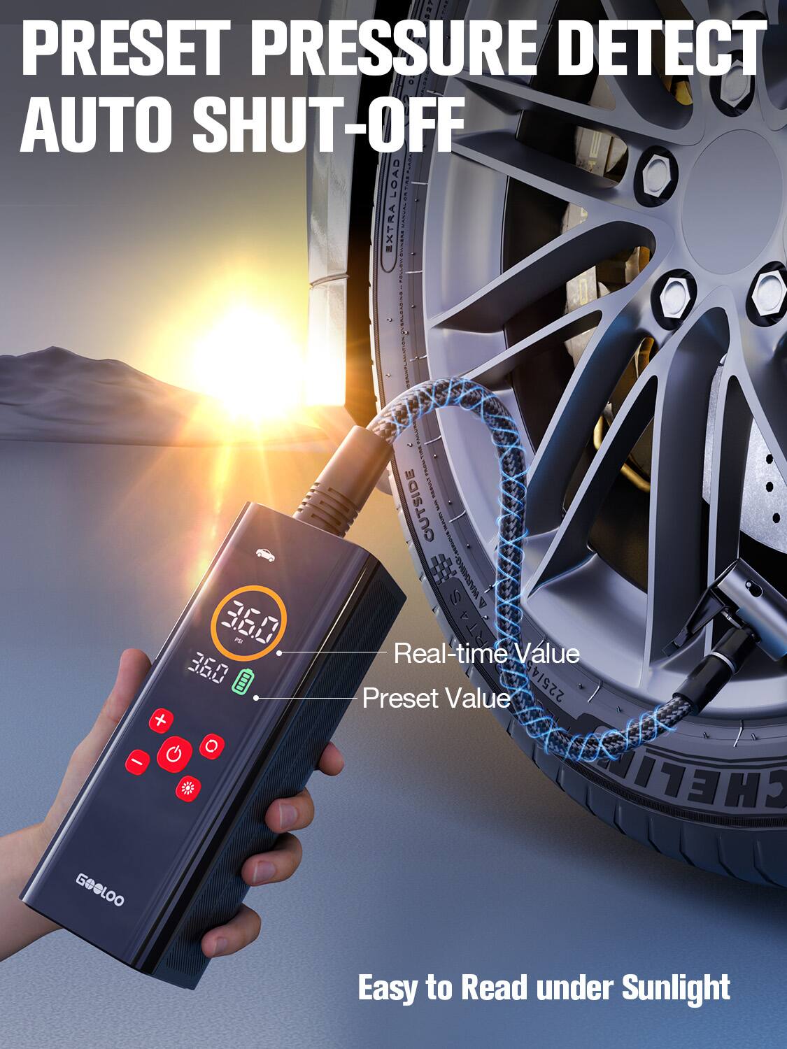 PRESET PRESSURE DETECT AUTO SHUT-OFF

LOAD EXTRA

360 PEI 3.0.0

OUTSIDE

WARKING

ARTAS

Value

Real-time Value

Preset Value 225/45K

CHELI

GOGLOO

Easy to Read under Sunlight