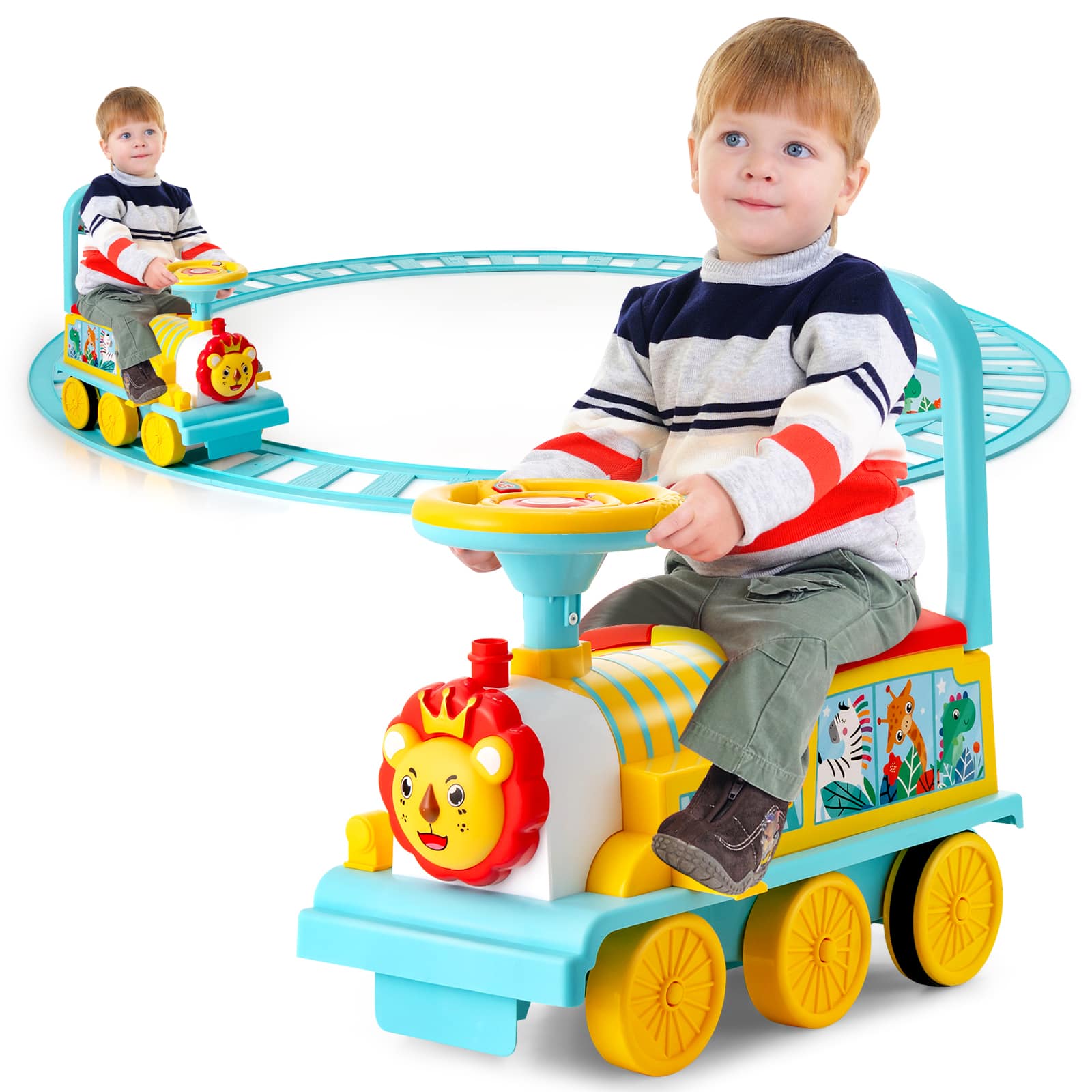 Front. Costway - Costway 6V Electric Kids Ride On Train Motorized Train Toy w/ Track & 6 Wheels - Blue.