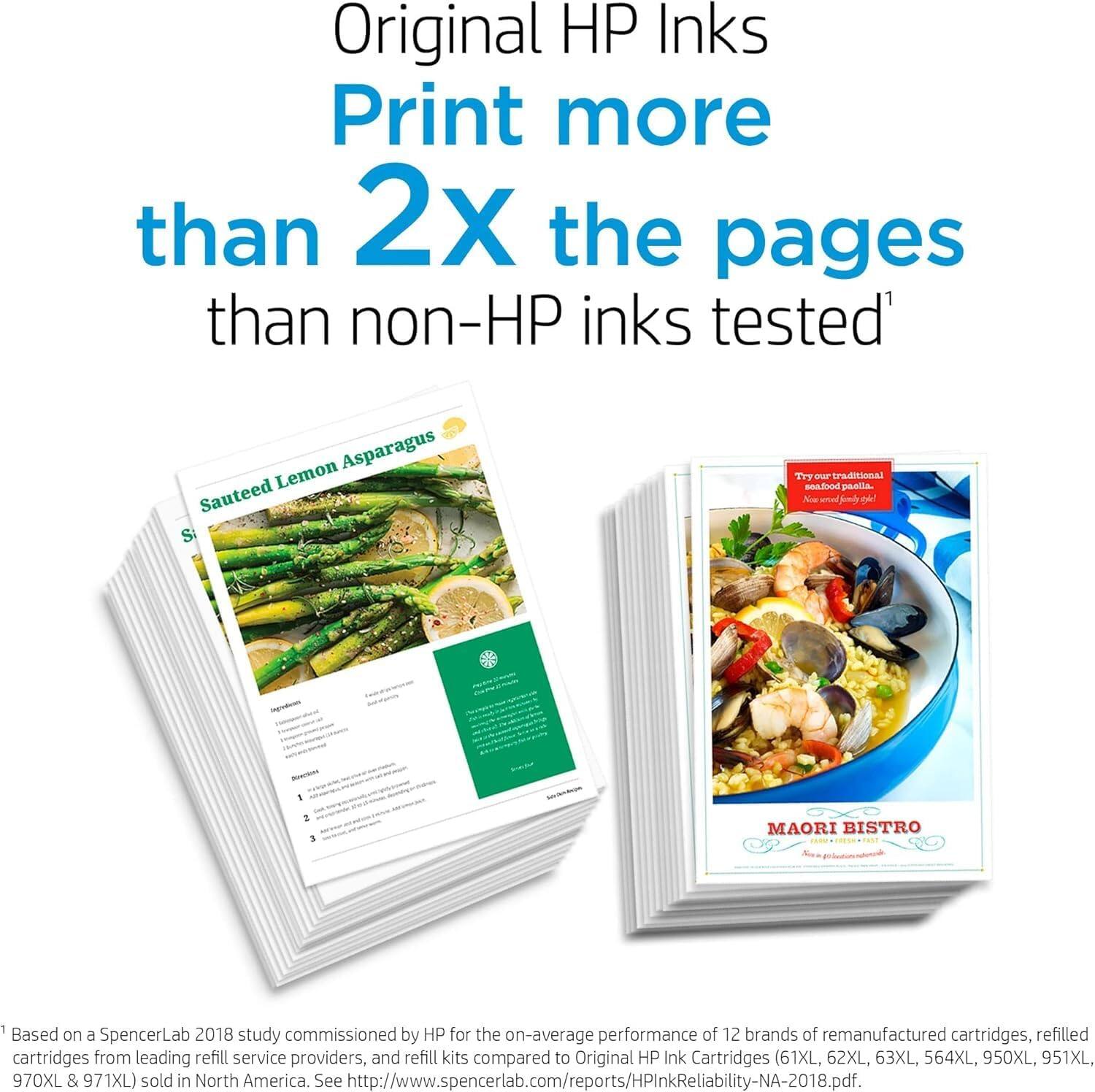 Original HP Inks Print more than 2x the pages than non-HP inks tested*

Lemon Asparagus Sauteed  
Sautéed Lemon Asparagus

MAORI BISTRO  
Try our traditional seafood paella!  
New menu family style!

*Based on a SpencerLab 2018 study commissioned by HP for the on-average performance of 12 brands of remanufactured cartridges, refilled cartridges from leading refill service providers, and refill kits compared to Original HP Ink Cartridges (61XL, 62XL, 63XL, 564XL, 950XL, 951XL, 970XL & 971XL) sold in North America. See http://www.spencerlab.com/reports/HPInkReliability-NA-2018.pdf