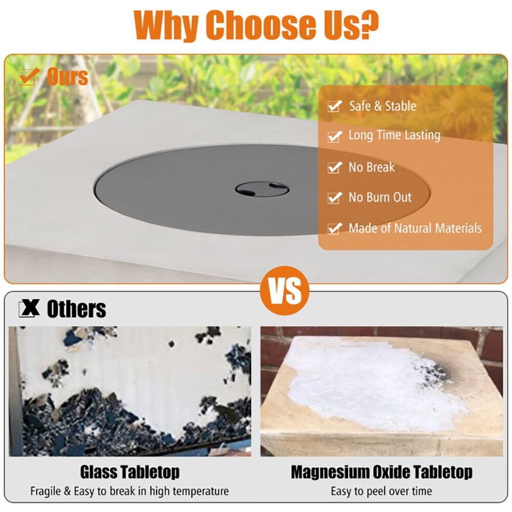 Why Choose Us?

**Ours**
- Safe & Stable
- Long Time Lasting
- No Break
- No Burn Out
- Made of Natural Materials

**Others**

**Glass Tabletop**
- Fragile & Easy to break in high temperature

**Magnesium Oxide Tabletop**
- Easy to peel over time