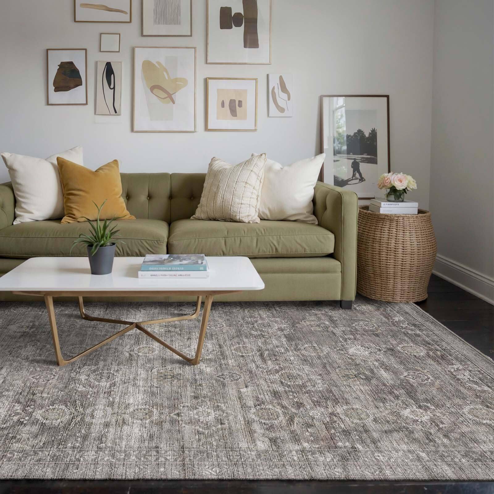 Left. PARKER SLATER - Area Rugs 5x7 Living Room Bedroom Grey Washable Rug Vintage Retro Boho Non Slip Low Pile Faux Thin Carpet Indoor - Brown.