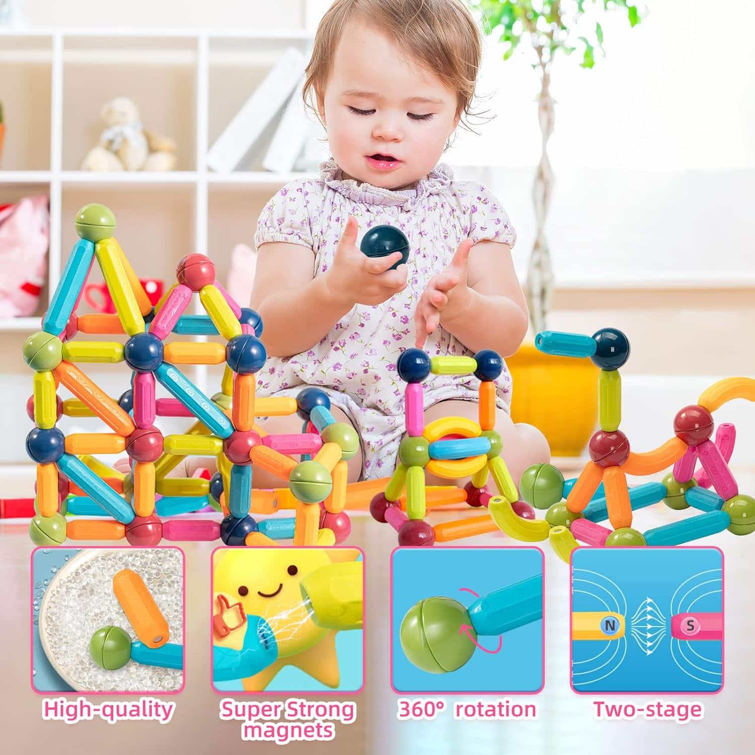 Contixo ST2 Magnetic Stix – 68 Piece Colorful 3D Building Set for