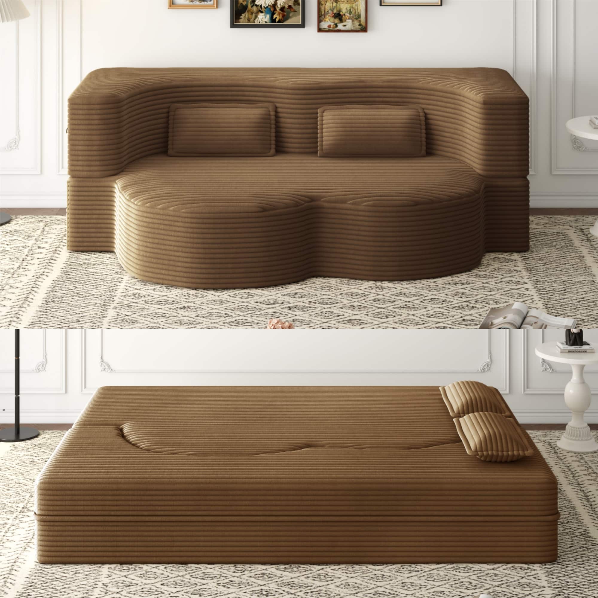 Trinkets Crazed - Convertible Sleeper Sofa Bed,15" Thick Full Size Folding Floor Couch, Corduroy Foam-Filled Futon Loveseat Couch - Camel