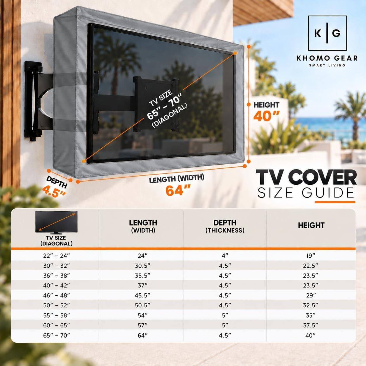 KHOMO GEAR SMART LIVING

TV SIZE 70" 65" (DIAGONAL)
HEIGHT 40"
4.5" DEPTH
LENGTH (WIDTH) 64"

TV COVER SIZE GUIDE

TV SIZE (DIAGONAL) | LENGTH (WIDTH) | DEPTH (THICKNESS) | HEIGHT
22" - 24" | 24" | 4" | 19"
30" - 32" | 30.5" | 4.5" | 22.5"
36" - 38" | 35.5" | 4.5" | 23.5"
40" - 42" | 37" | 4.5" | 23.5"
46" - 48" | 45.5" | 4.5" | 29"
50" - 52" | 50.5" | 4.5" | 32.5"
55" - 58" | 54" | 5" | 35"
60" -