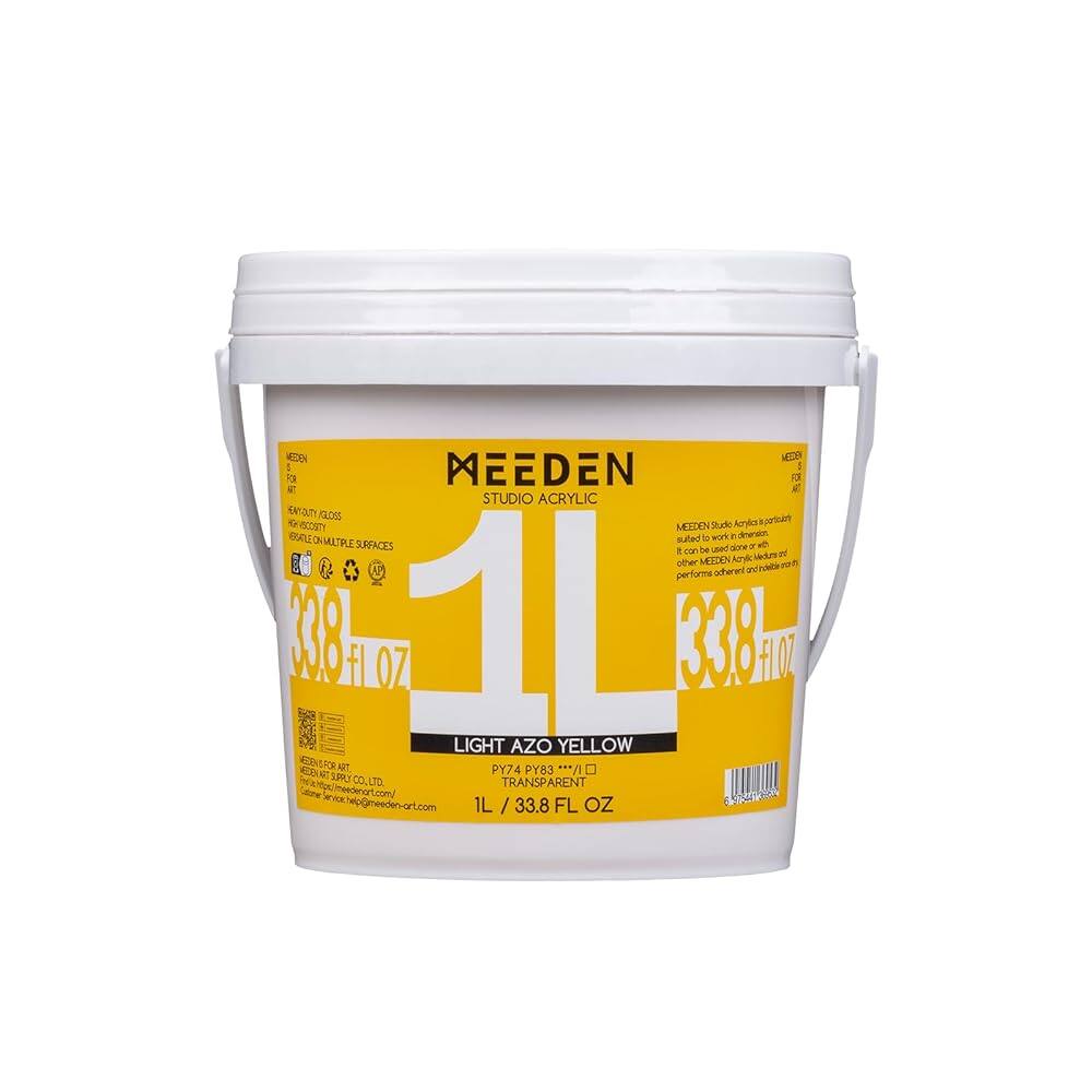 EDEN MEEDEN STUDIO ACRYLIC ENYOUTY GLOSS Ke RECOISTY MEEDEN Studio Acrylic is partially suited to work in dispersion. SURFACES can be used-cione d used X Medium or MEEDEN Kerylk other vidion ocherent and performs KISS fl OZ 1 LIGHT AZO YELLOW 338 FOR PY74 PY83 TRANSPARENT 1L / 33.8 FL OZ