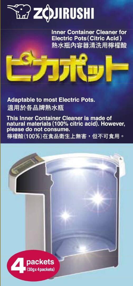Zojirushi Inner Container Cleaner for Electric Pots (Citric Acid)  
熱水瓶内容器洗浄用檸檬酸  

ピカポット  

Adaptable to most Electric Pots.  
適用于各品牌熱水瓶  

This Inner Container Cleaner is made of natural materials (100% citric acid). However, please do not consume.  
檸檬酸 (100%) 在食品衛生上無害，但不可食用。  

4 packets (30gx X 4 packets)