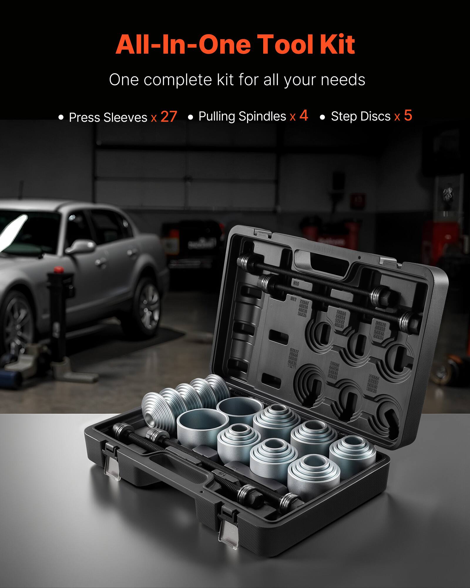 All-In-One Tool Kit  
One complete kit for all your needs  
Press Sleeves x 27  
Pulling Spindles x 4  
Step Discs x 5