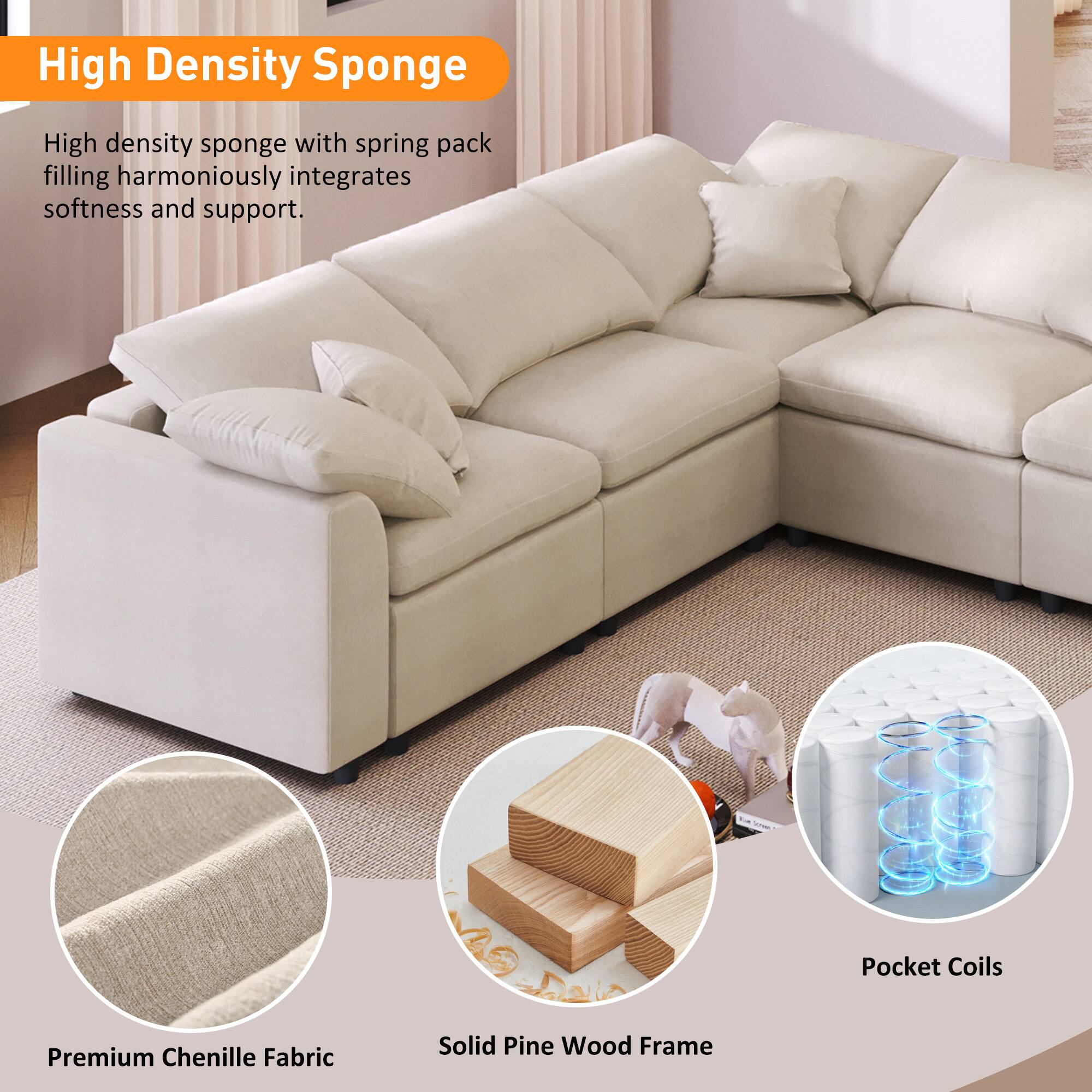 High Density Sponge  
High density sponge with spring pack filling harmoniously integrates softness and support.  

Pocket Coils  
Premium Chenille Fabric  
Solid Pine Wood Frame