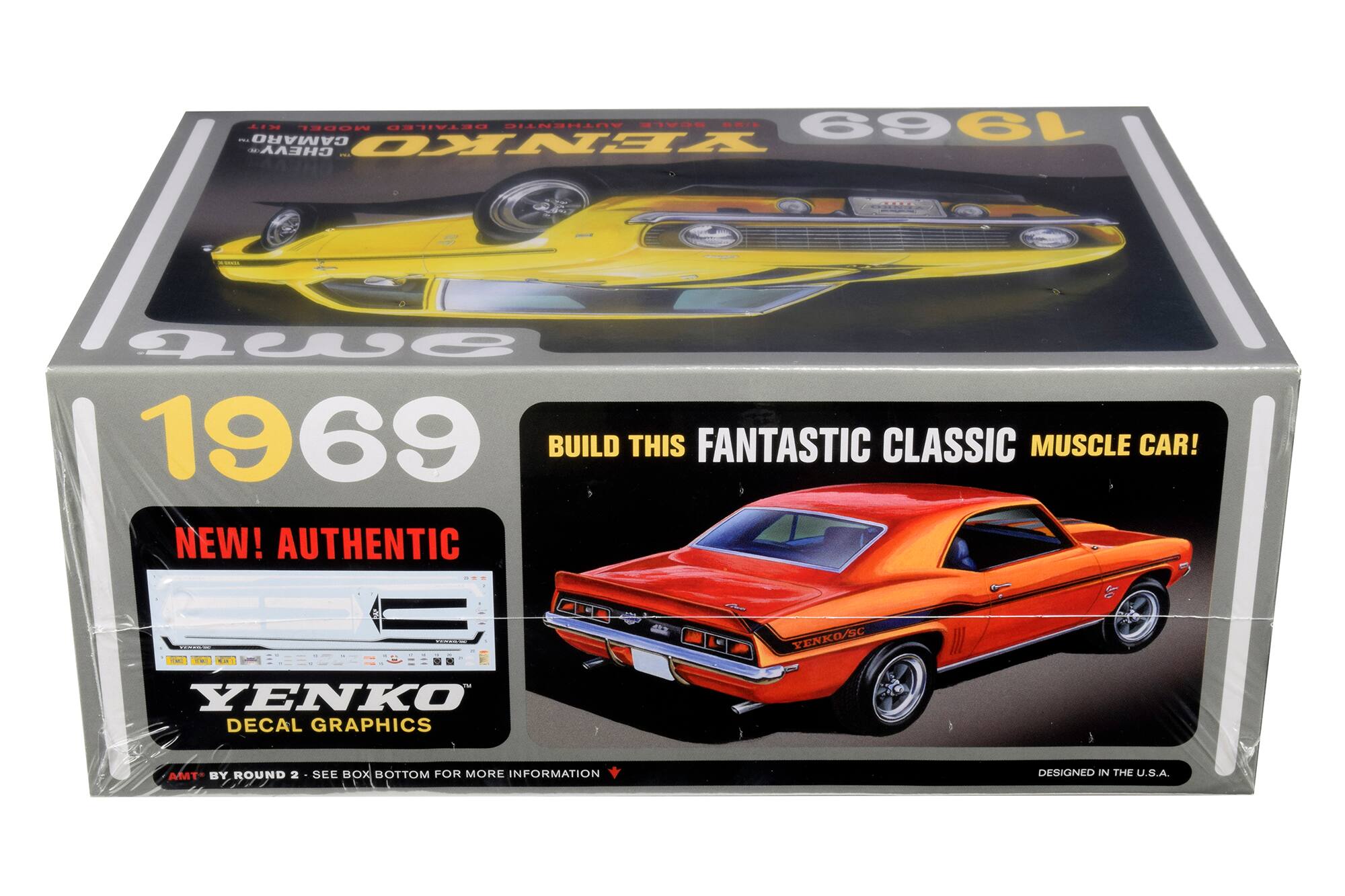 1969  
BUILD THIS FANTASTIC CLASSIC MUSCLE CAR!  
NEW! AUTHENTIC  
YENKO DECAL GRAPHICS  
AMT BY ROUND 2 - SEE BOX BOTTOM FOR MORE INFORMATION  
DESIGNED IN THE U.S.A.