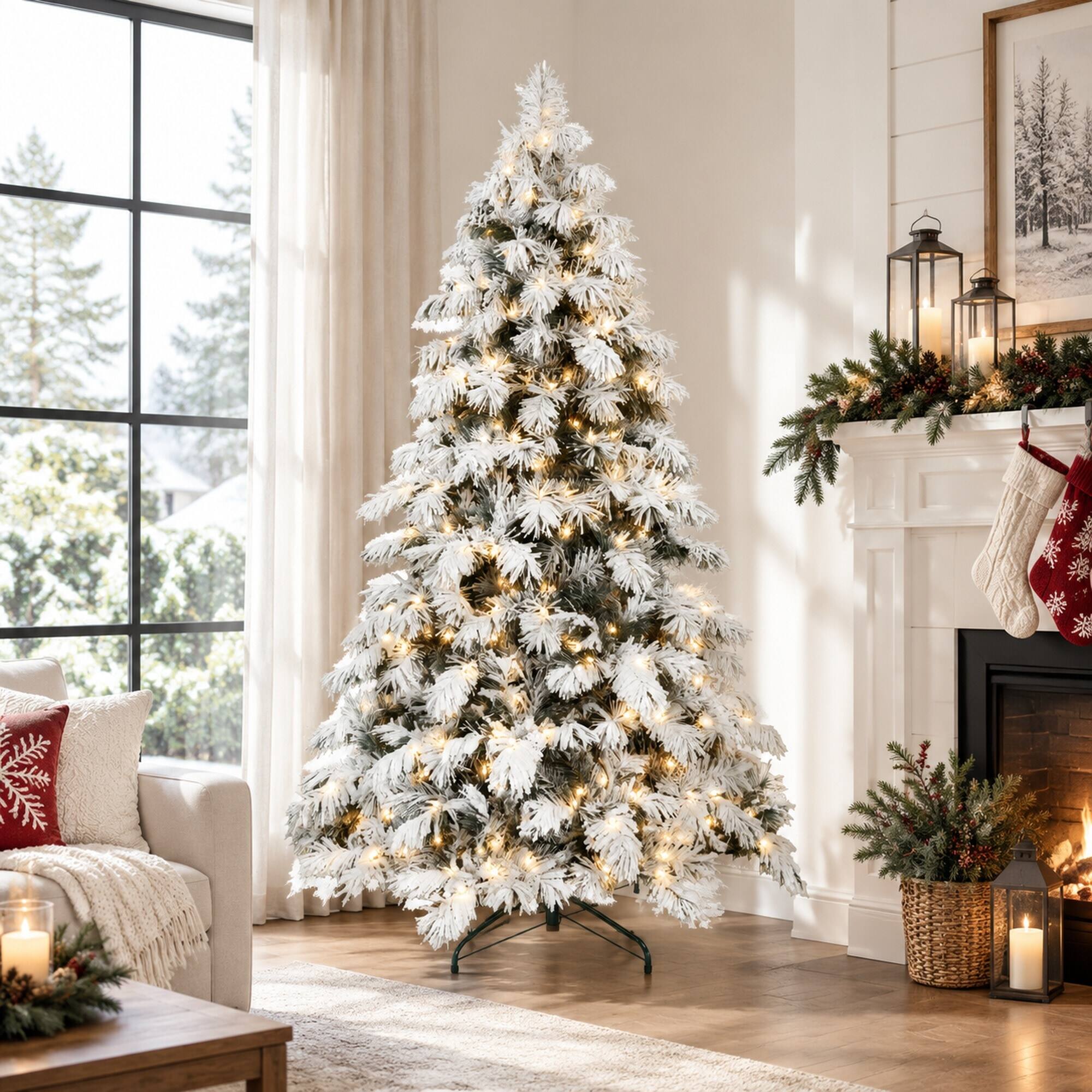 Back. RYHNUYNE - 8 Ft Flocked Scarecrow Christmas Tree With 470 Warm White LED Lights, 1242 Memory Wire Tips Snowy Decor - Green,White.