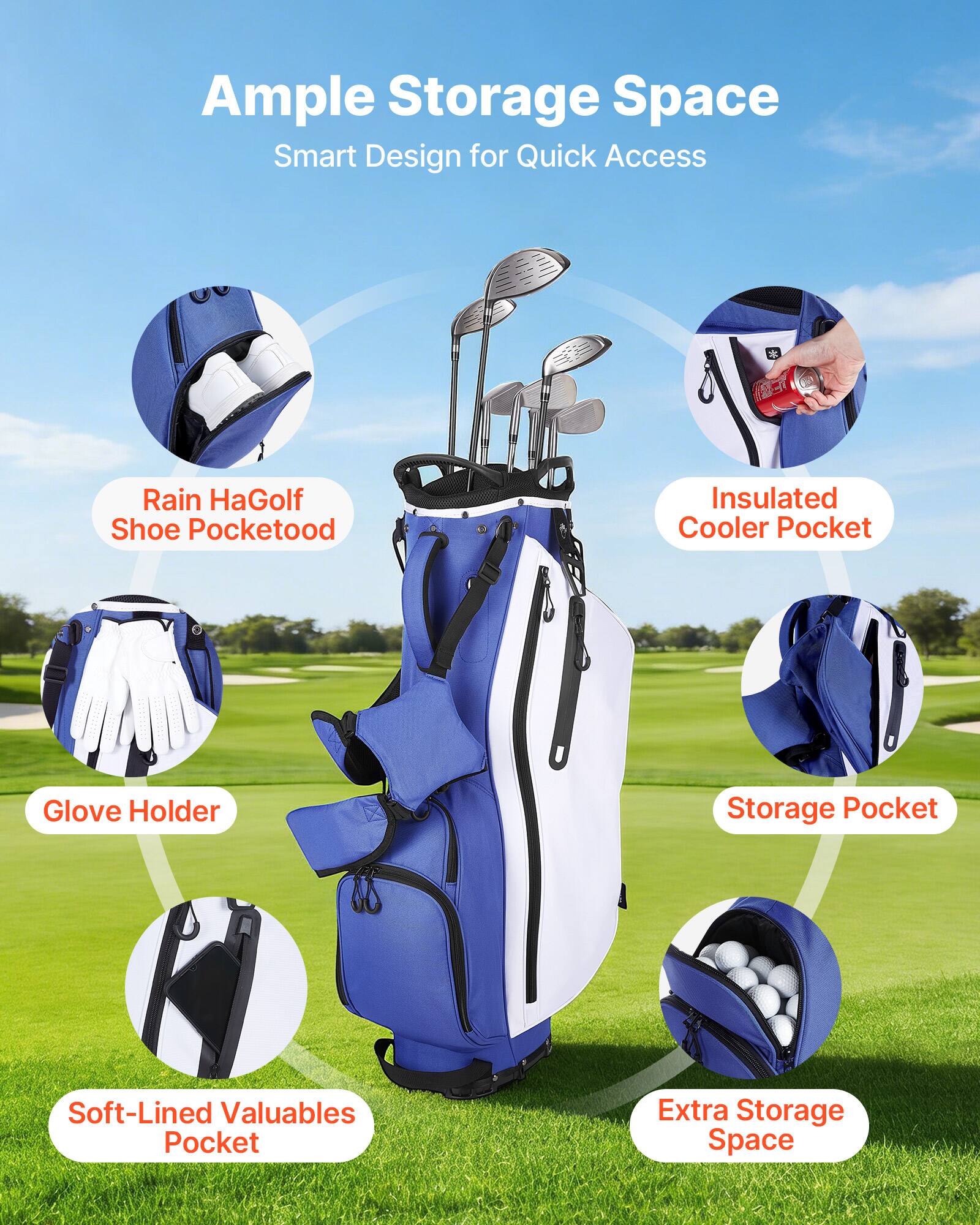 Ample Storage Space  
Smart Design for Quick Access  

- Rain Hat Golf Shoe Pocket  
- Insulated Cooler Pocket  
- Glove Holder  
- Storage Pocket  
- Soft-Lined Valuables Pocket  
- Extra Storage Space